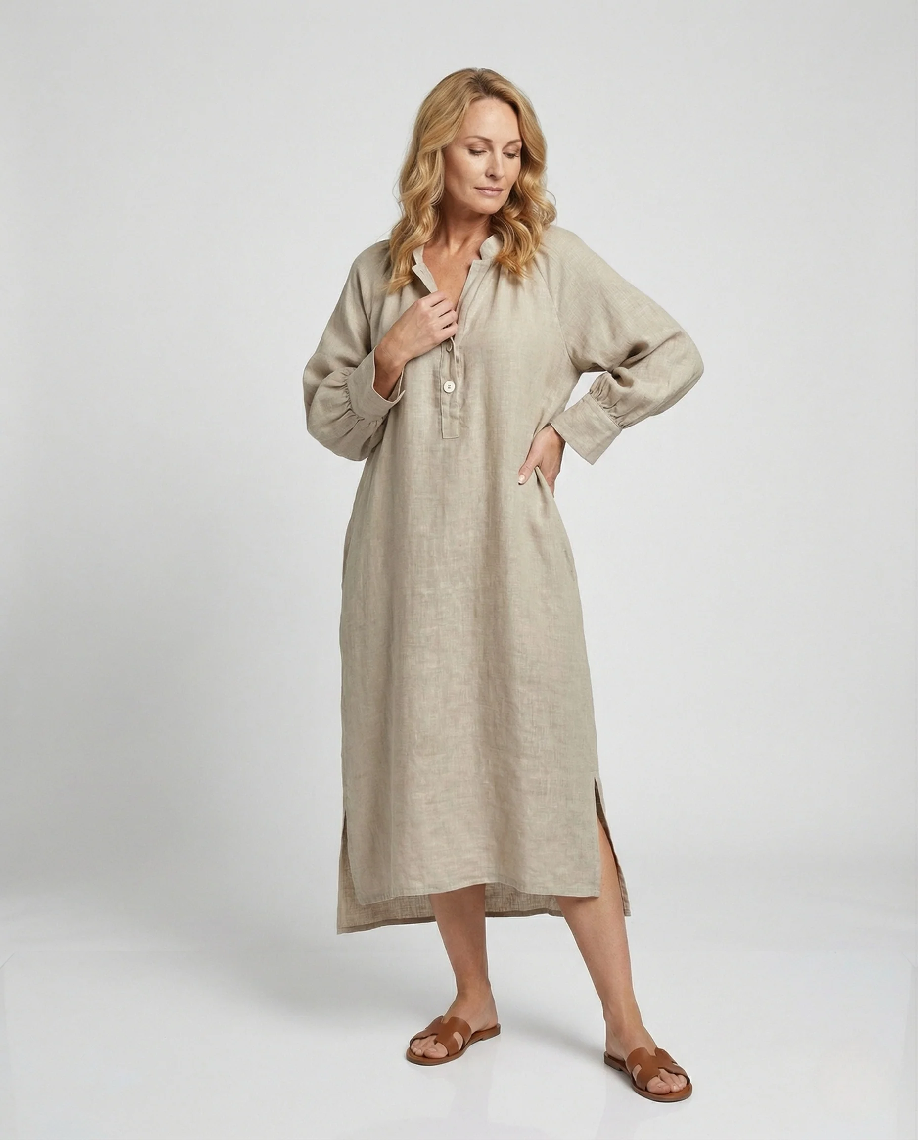 Damen Leinen-Maxikleid mit Ballonärmeln - Image 2