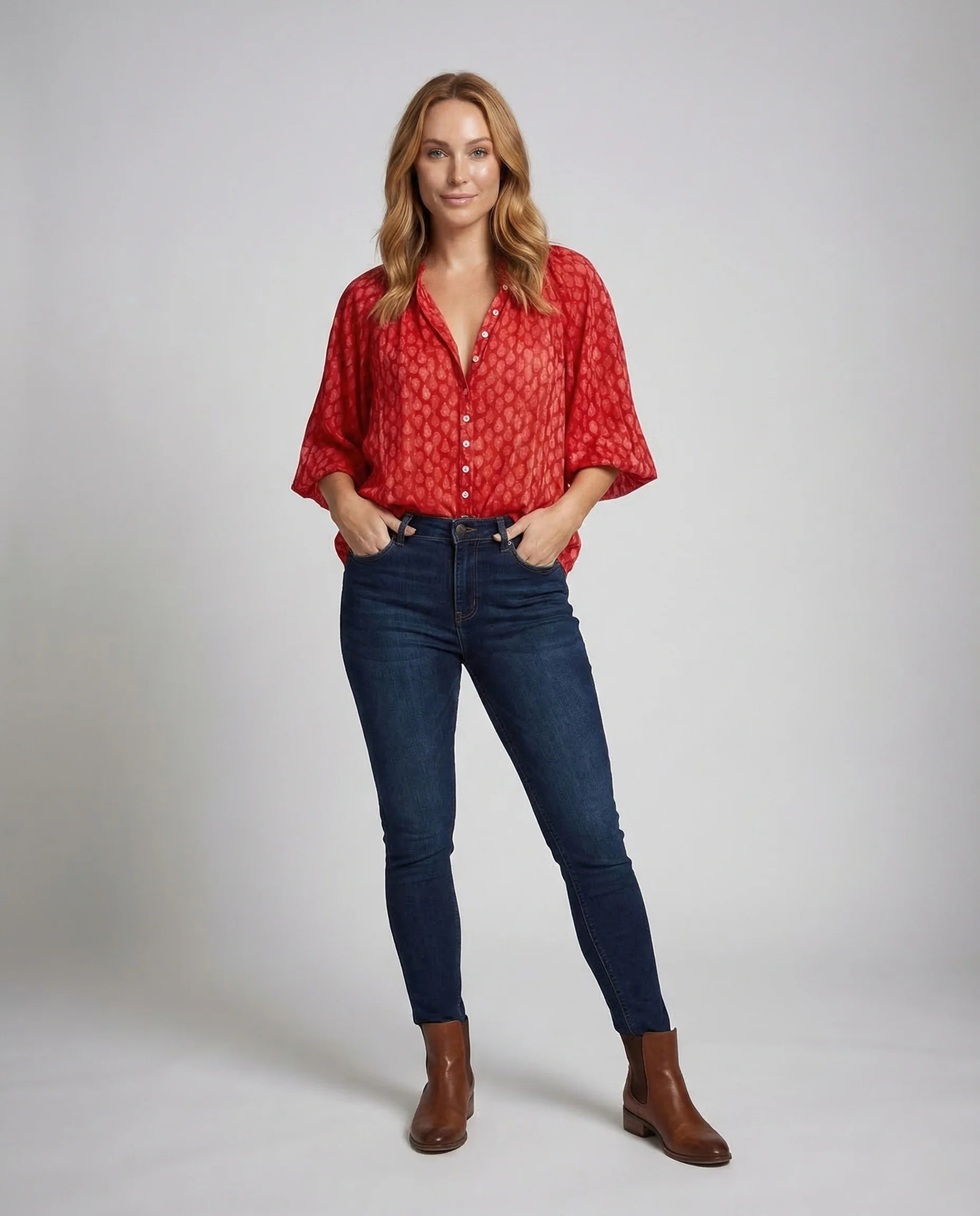Damen Viskose Bluse Boho Dreiviertelärmel