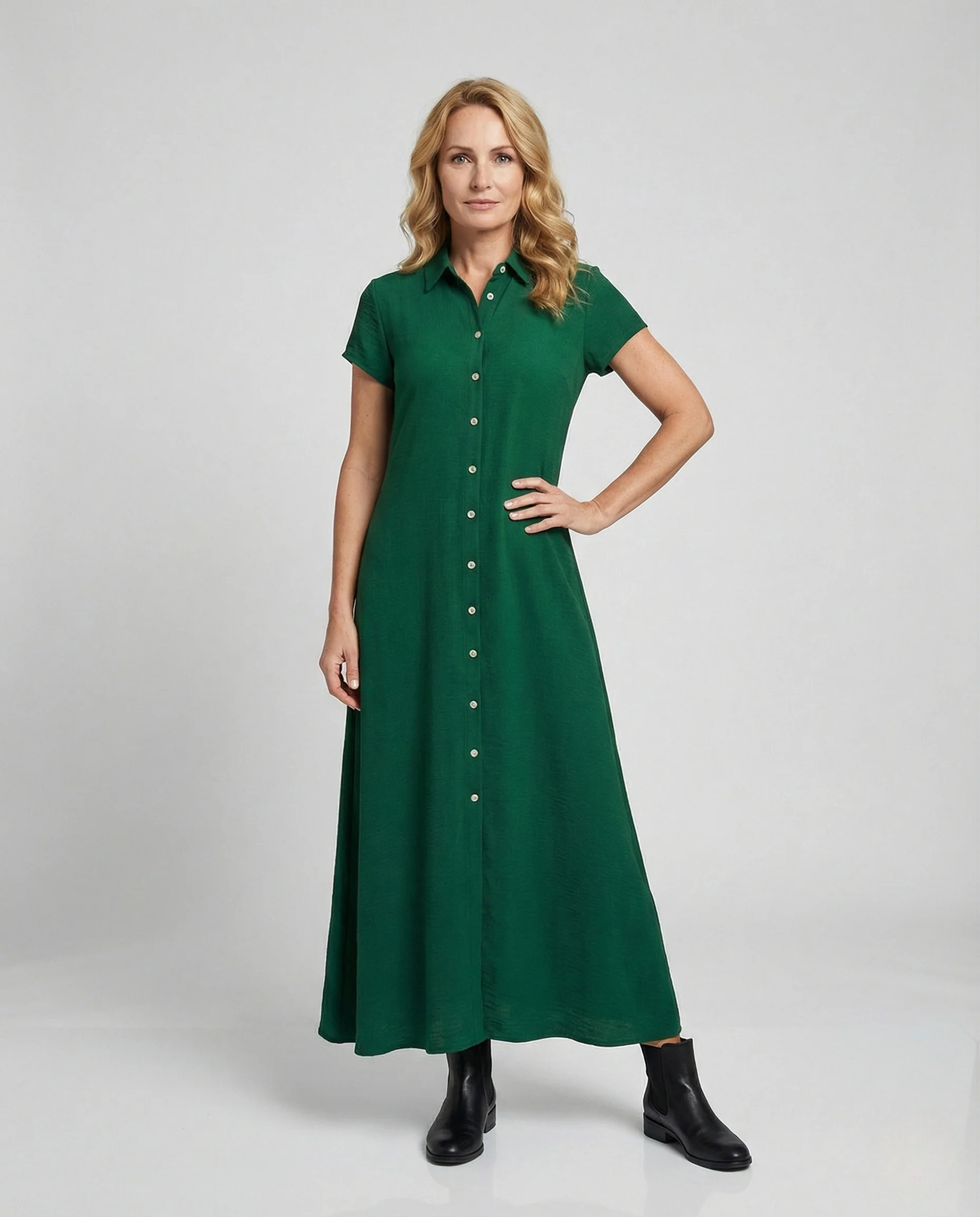 Damen Hemdblusen-Maxikleid mit Knopfleiste und Gürtel