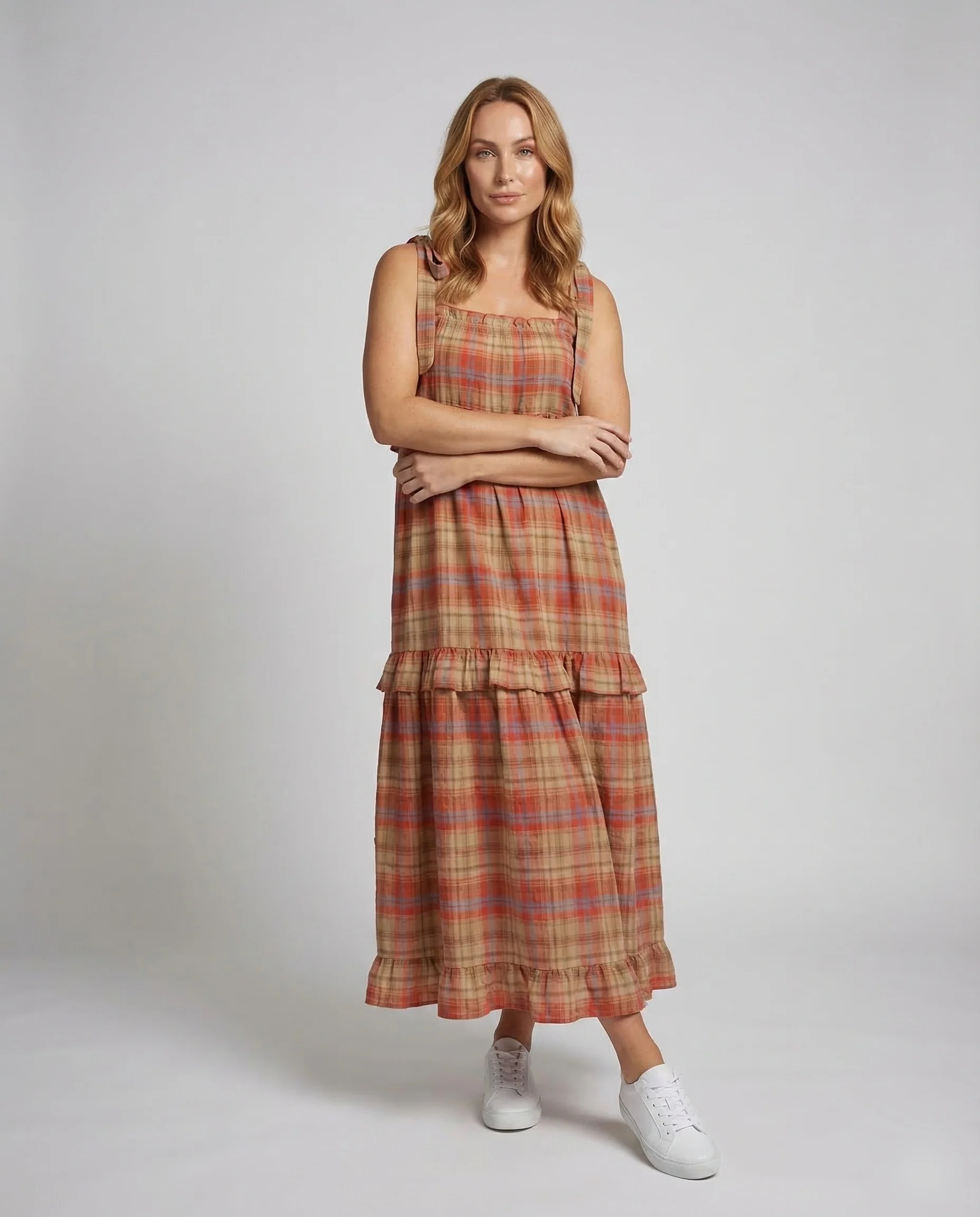 Damen Maxikleid Karo Stufen