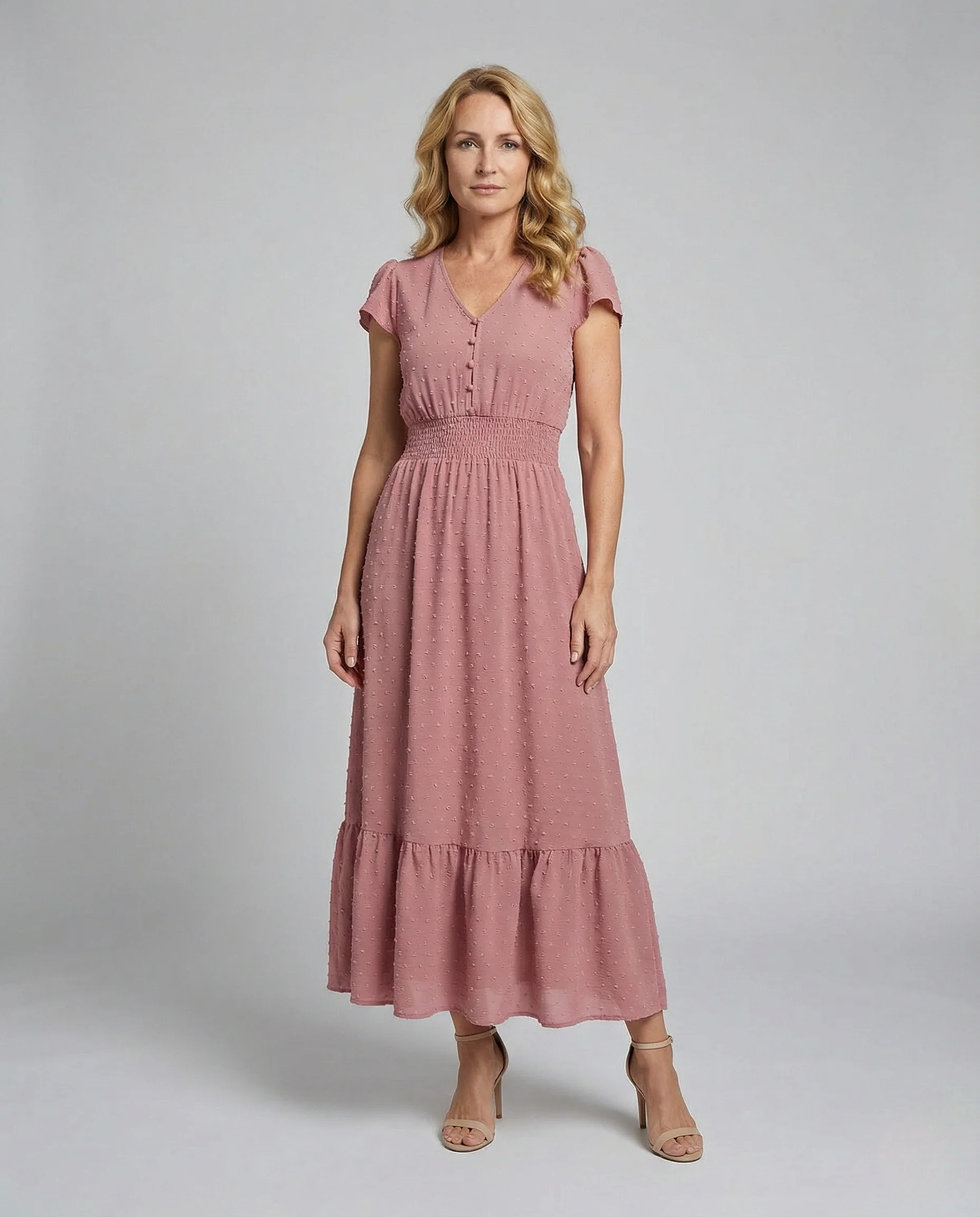 Damen Maxikleid mit Smockbund und Zierknöpfen
