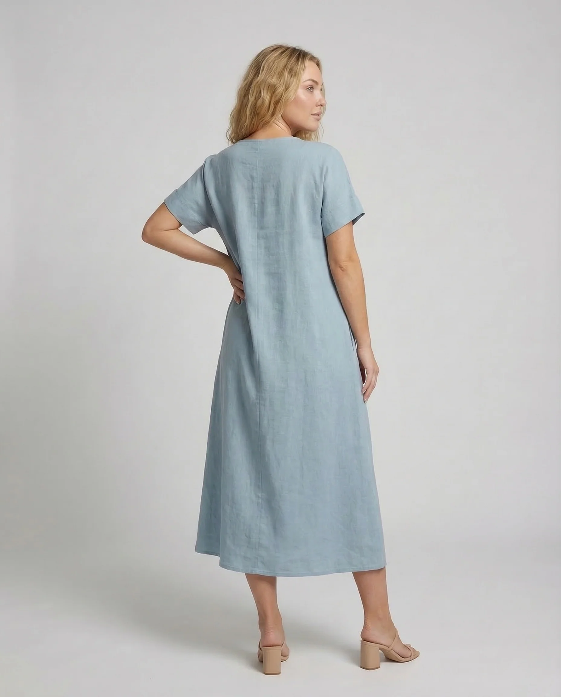 Damen Maxikleid Knotenkragen Taschen - Image 4