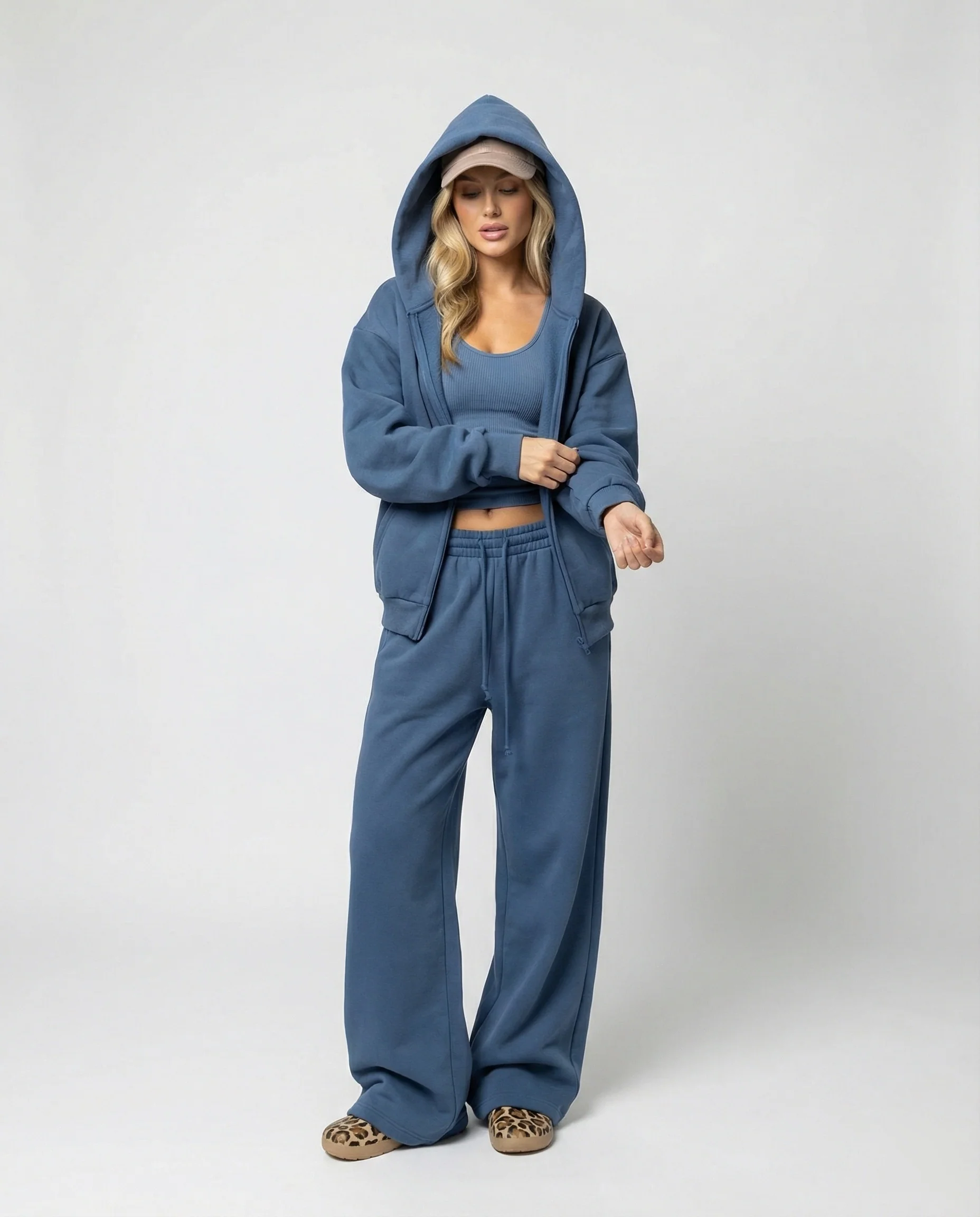 Damen luxuriöses Velours-Joggingset mit Reißverschluss-Hoodie, Kängurutasche und weit geschnittener hochgeschnittener Hose Heidi Mode