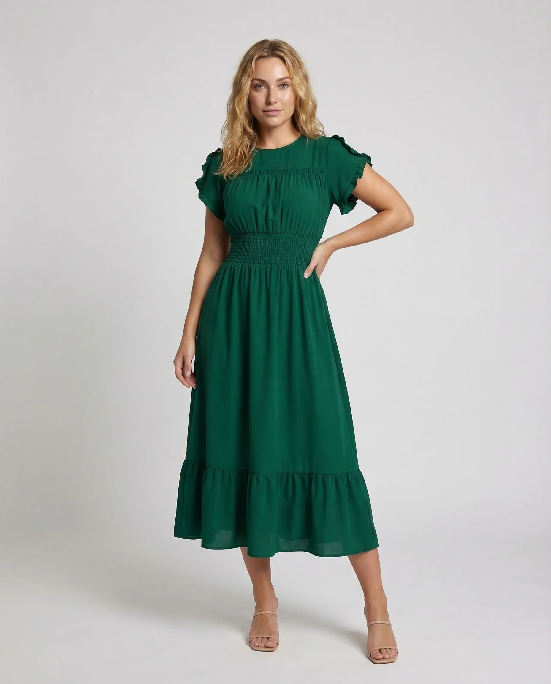 Damen Maxikleid mit Smock-Bund und Volantstufe