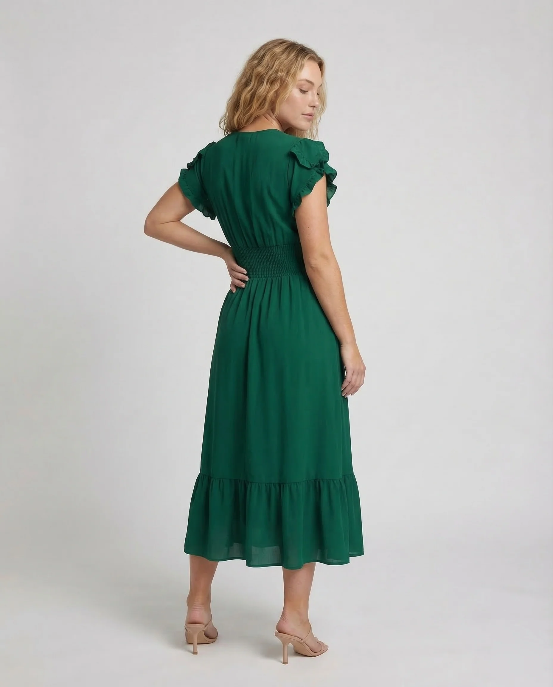 Damen Maxikleid mit Smock-Bund und Volantstufe - Image 4