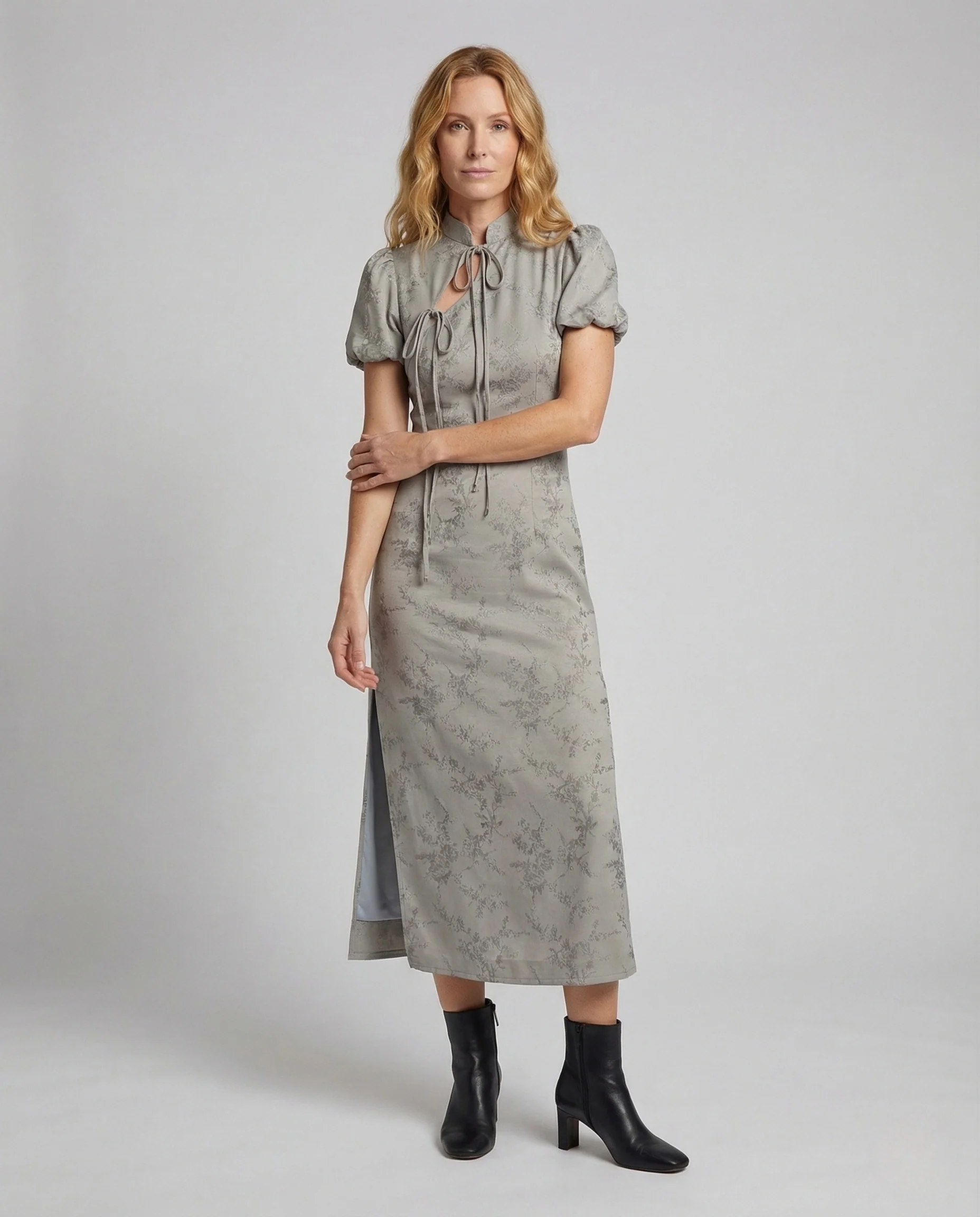 Damen Jacquard Maxikleid mit Stehkragen