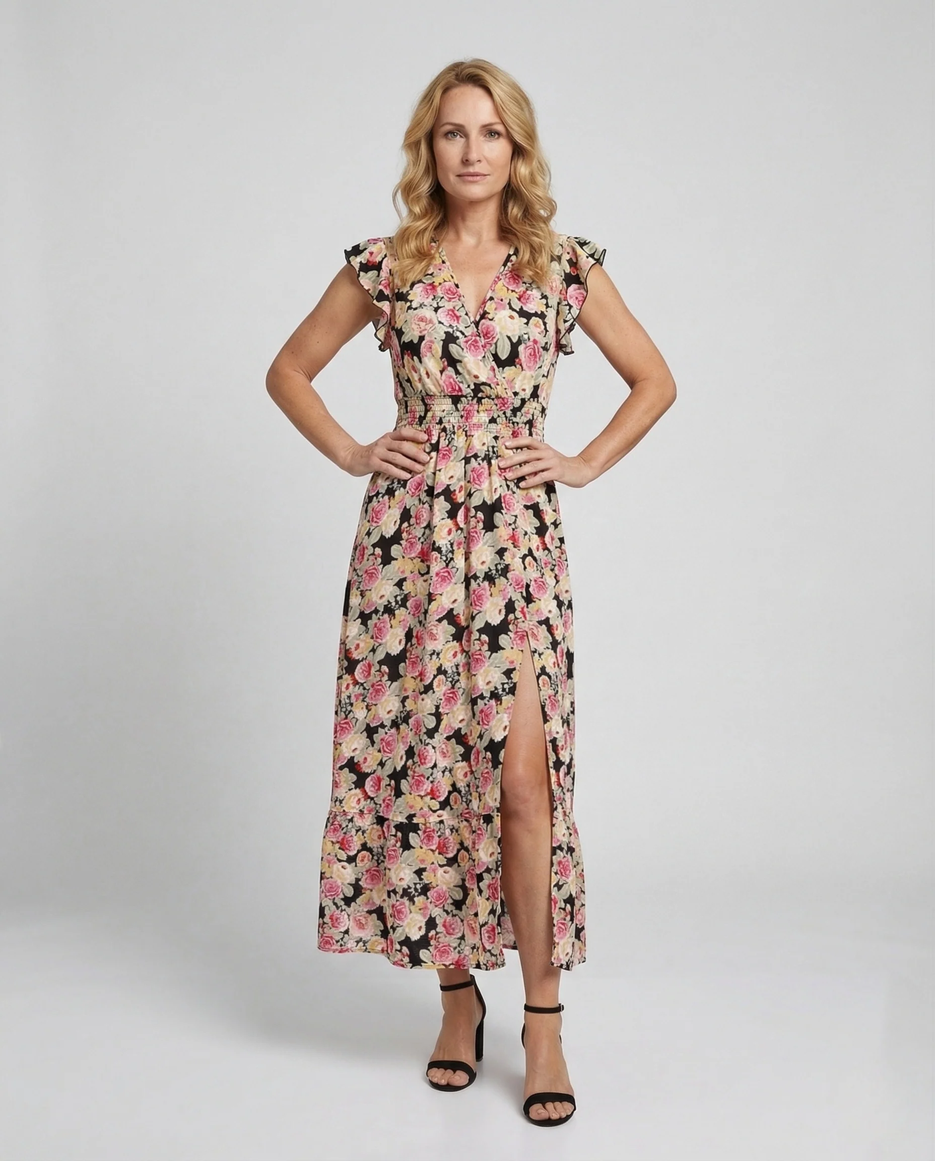 Damen Wickel-Maxikleid mit Volantstufe