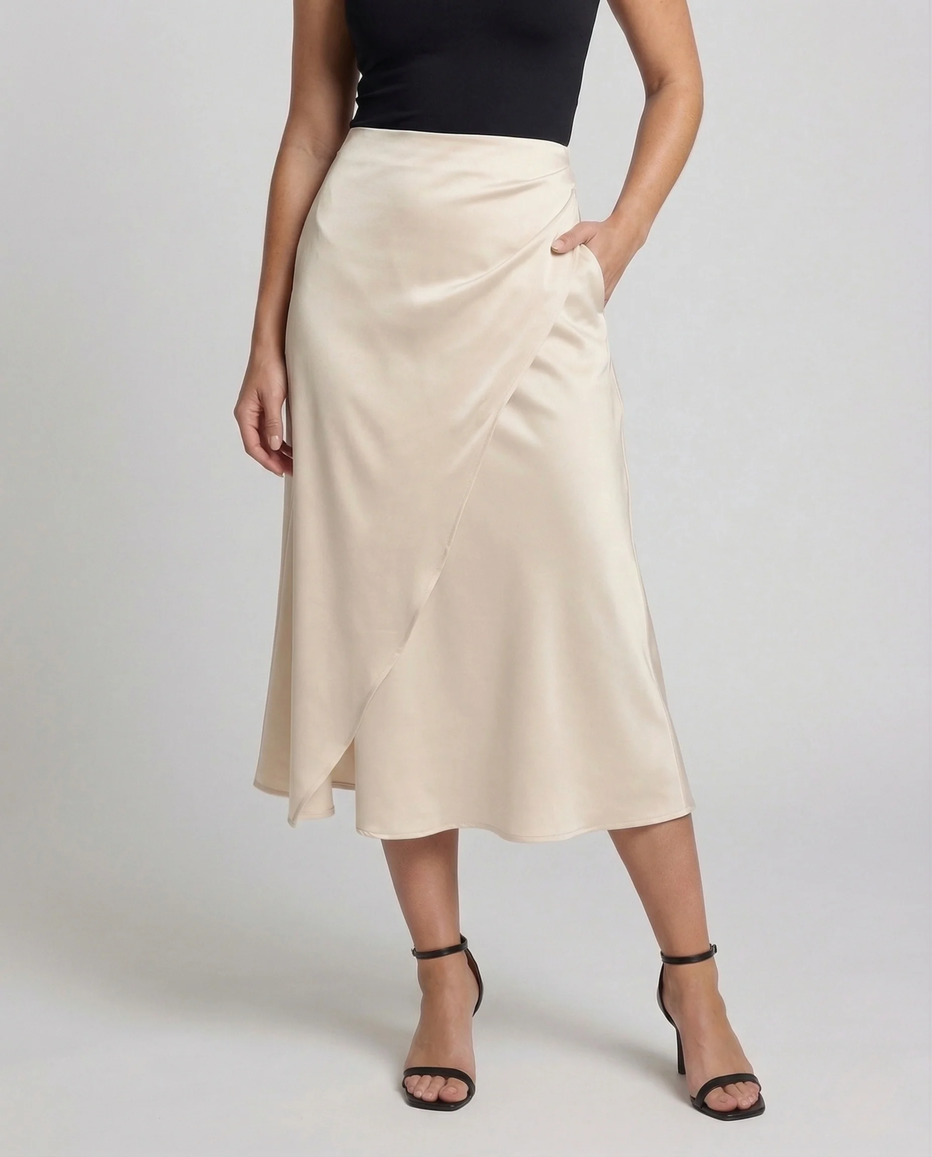 Damen Wickelrock Midi Crepe Asymmetrischer Saum - Image 2