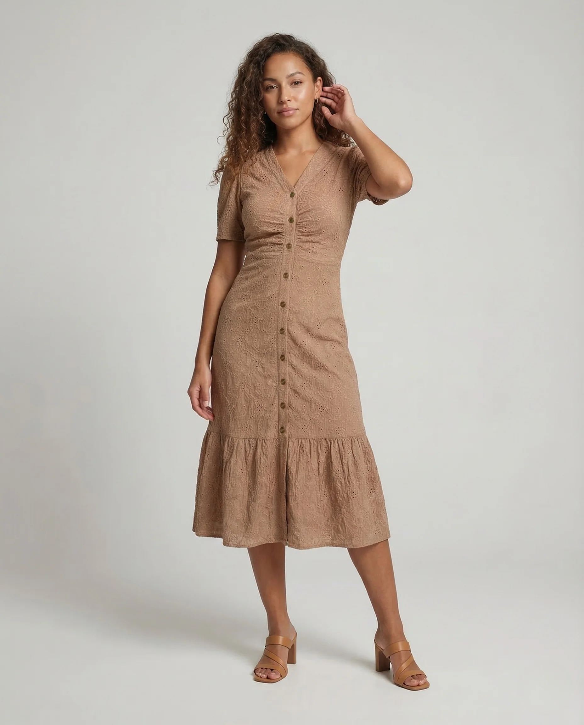 Damen Midikleid Lochstickerei Knopfleiste
