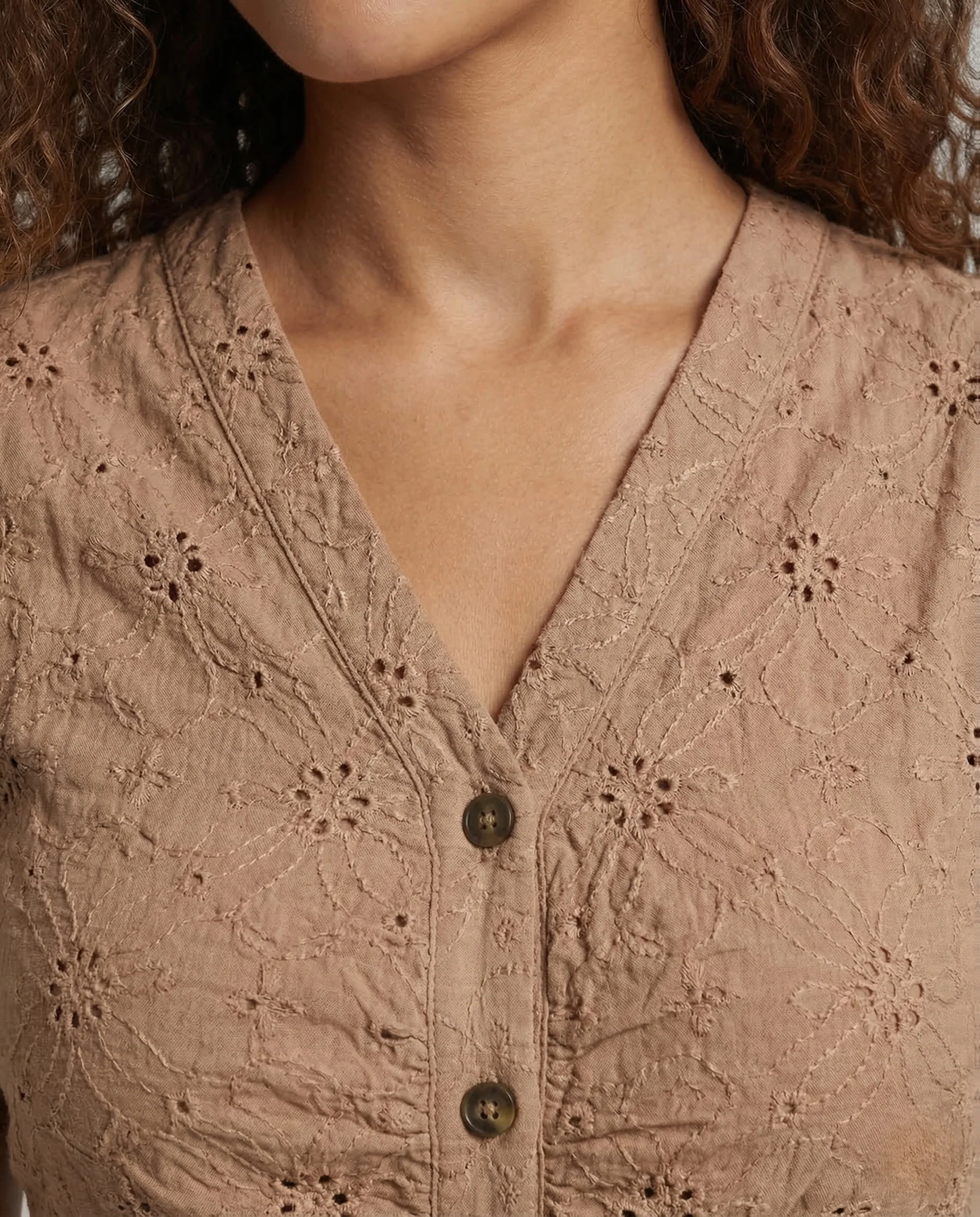 Damen Midikleid Lochstickerei Knopfleiste - Image 3