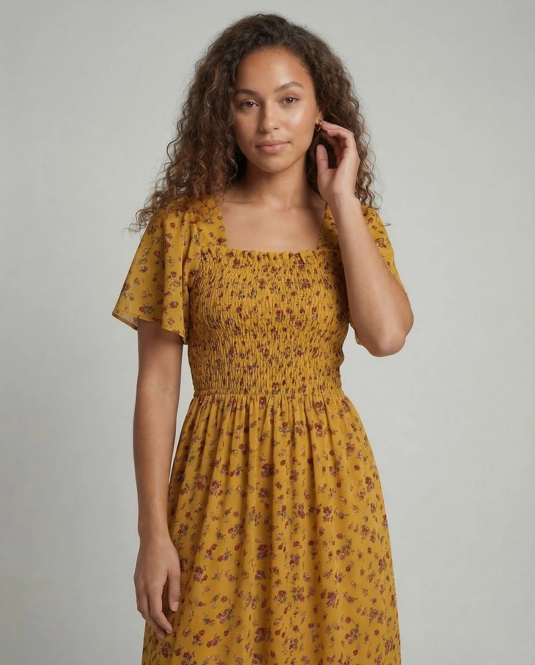 Damen Midikleid Smock Puffärmel - Image 2