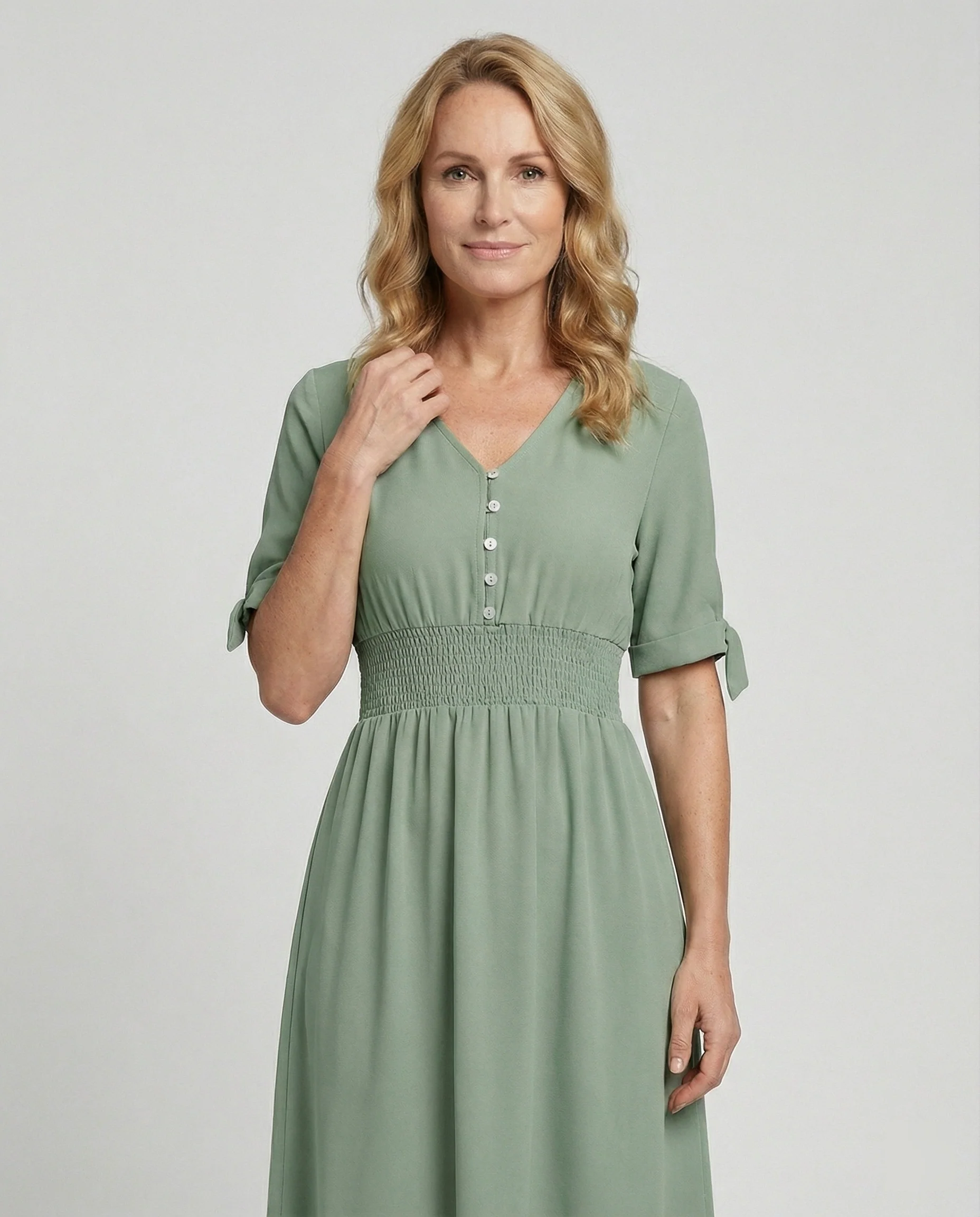 Damen Midikleid V-Ausschnitt mit Knopfleiste