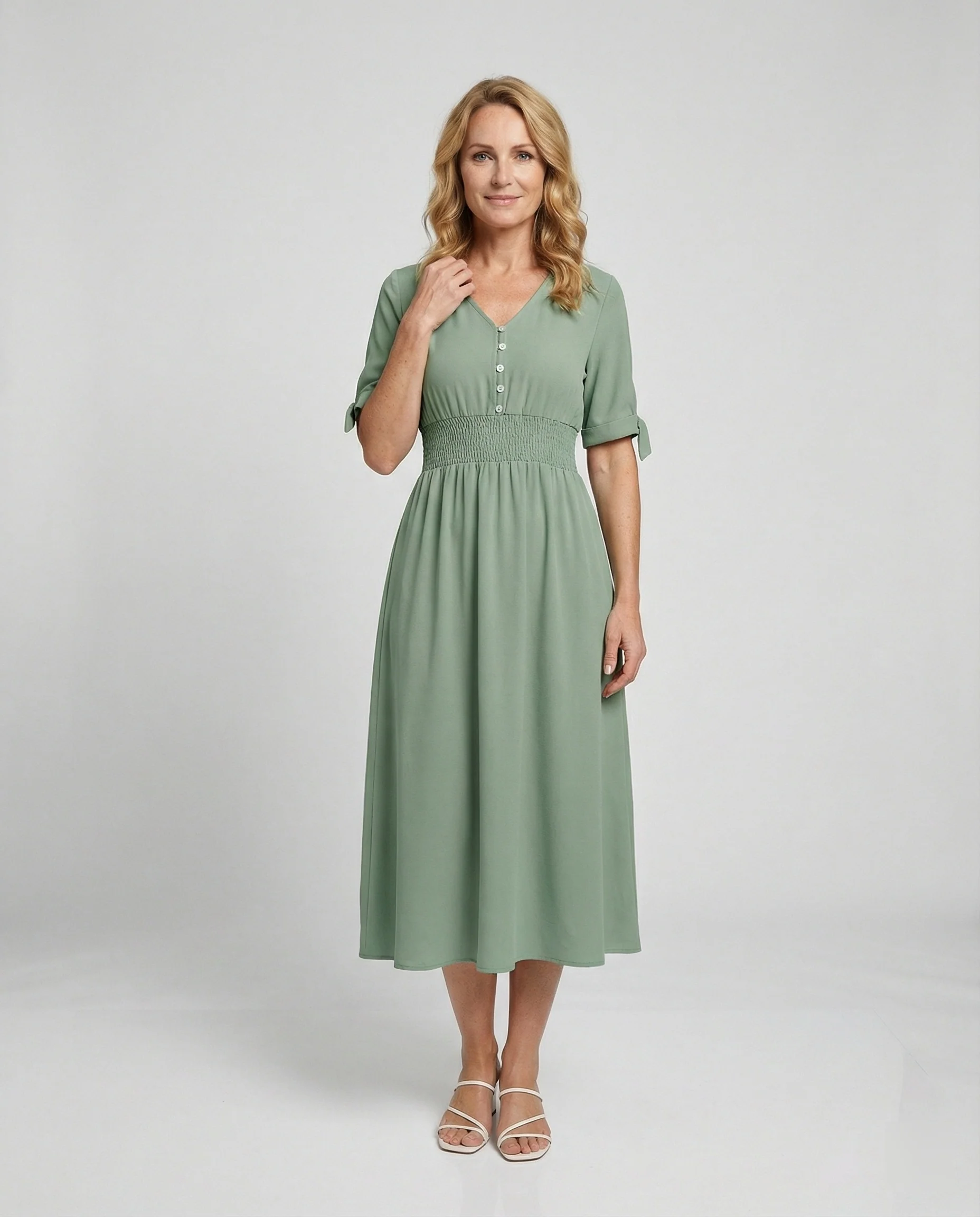 Damen Midikleid V-Ausschnitt mit Knopfleiste - Image 2