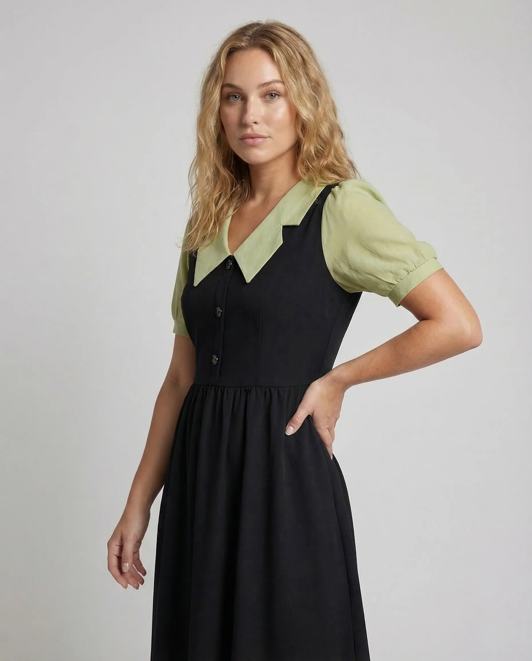 Damen Midikleid Reverskragen Puffärmel - Image 2