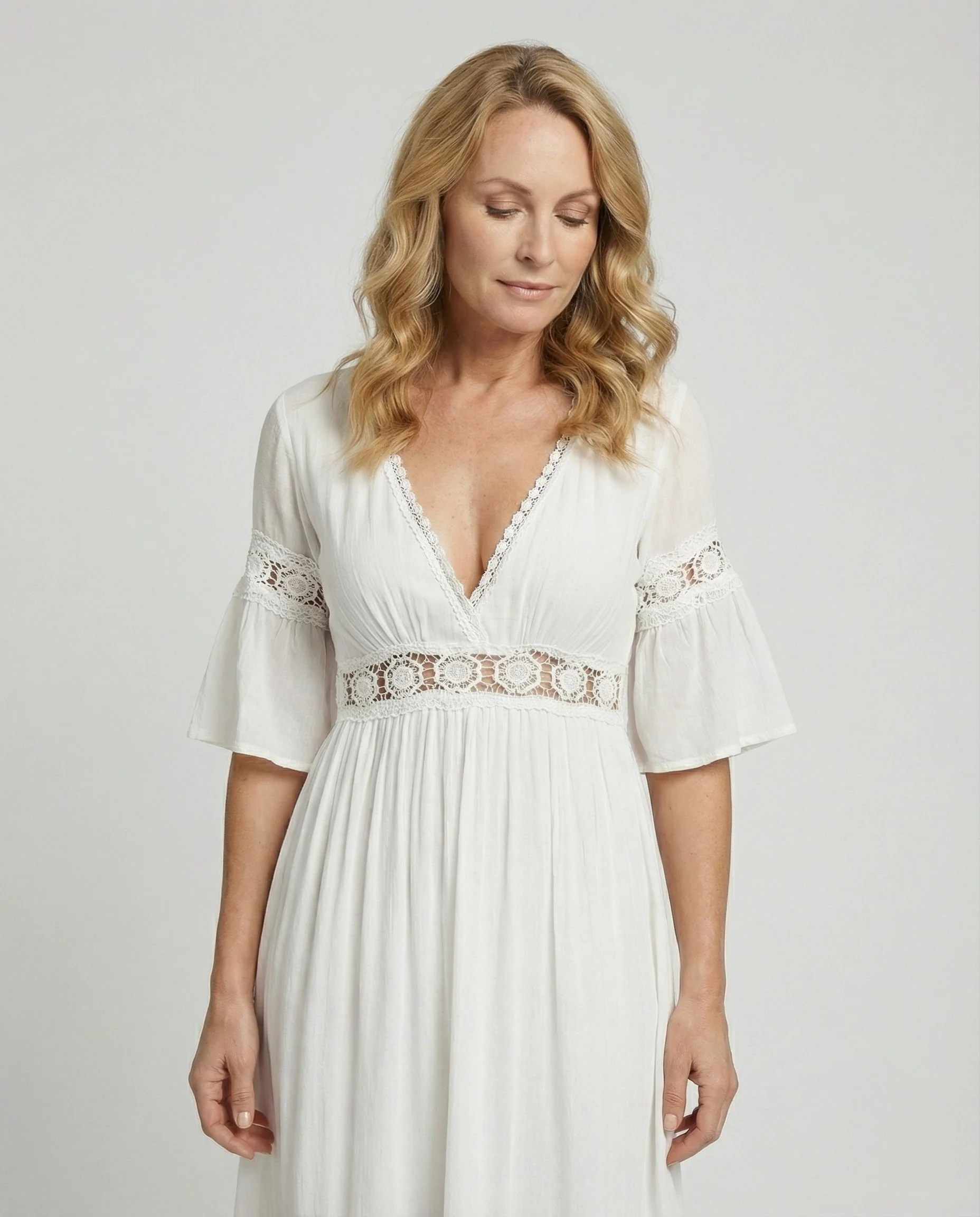 Damen Midikleid Spitze V-Ausschnitt