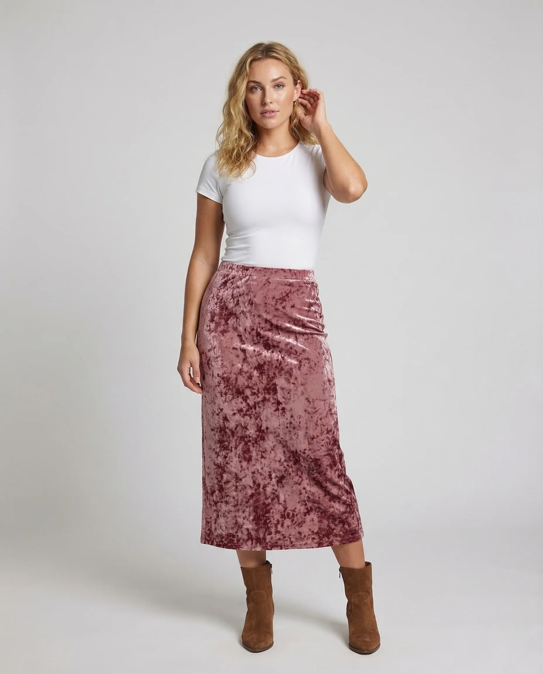 Damen Samt Midirock Seitenschlitz