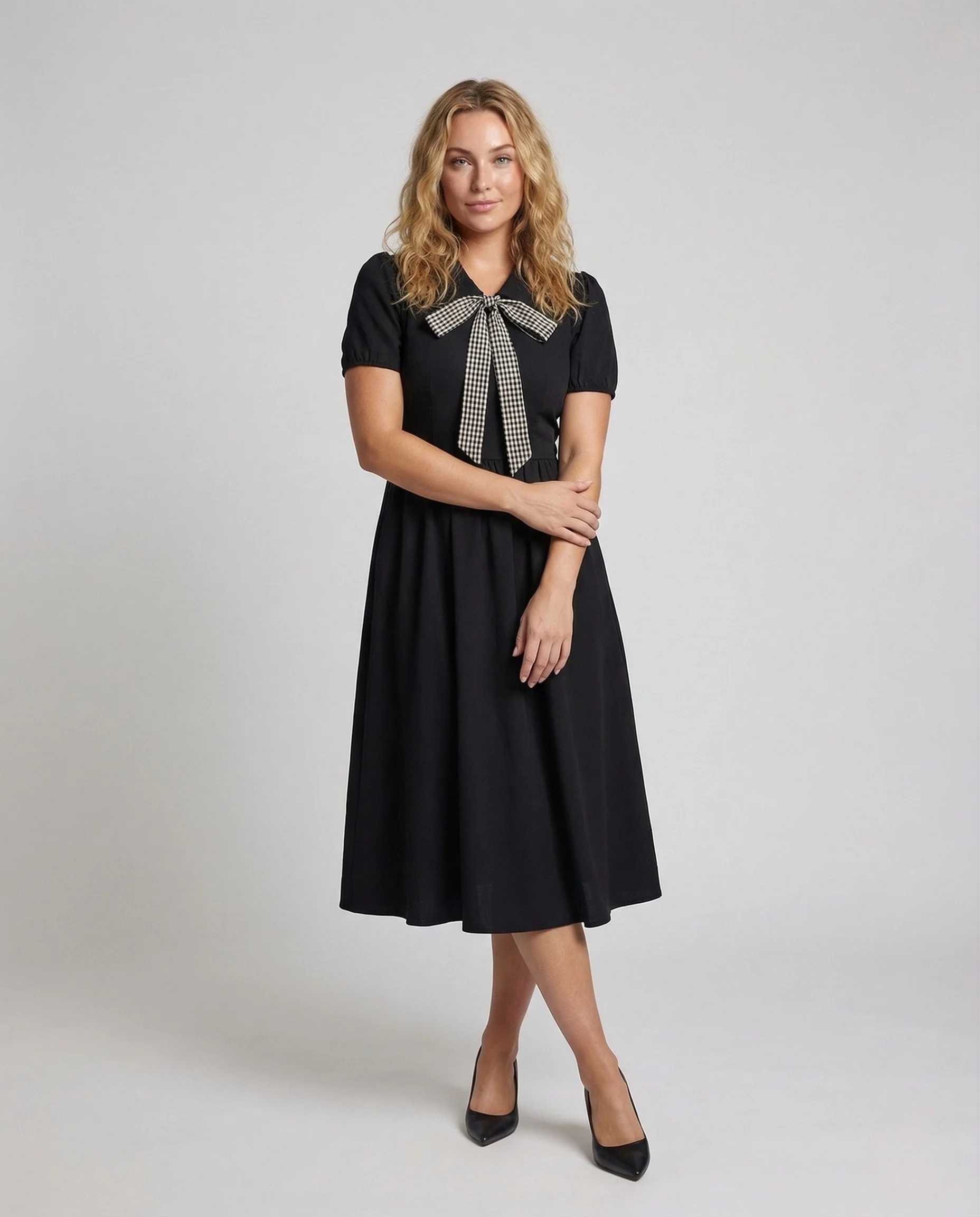 Damen Kariertes A-Linien Midikleid