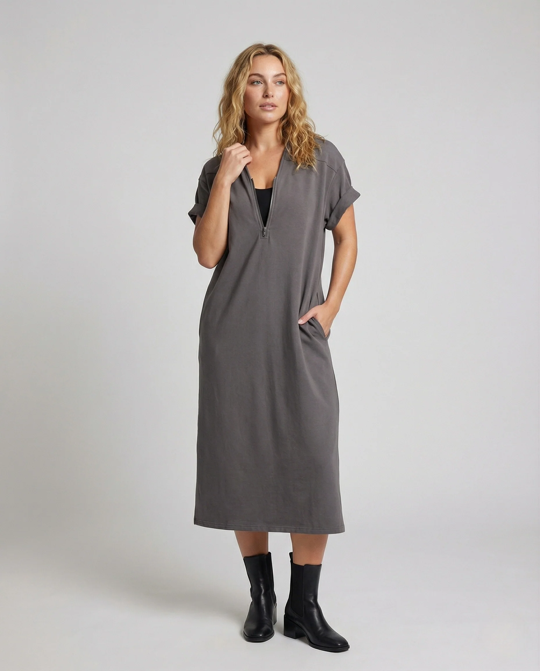 Damen Freizeit Midikleid mit Reißverschluss