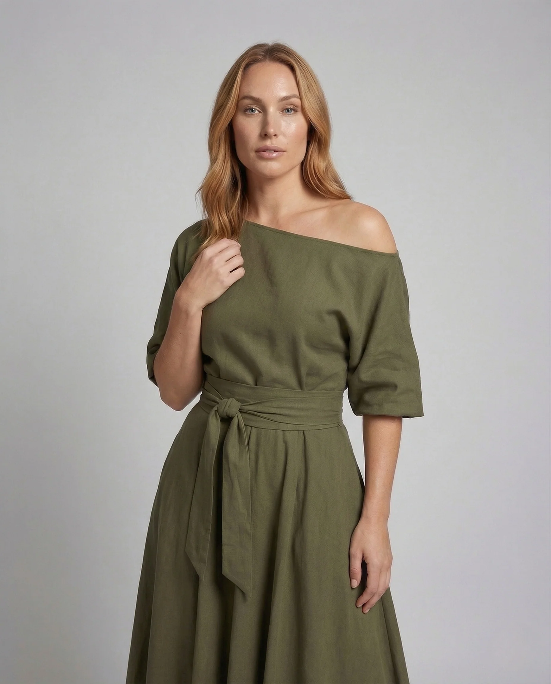 Damen Midikleid Schulterfrei Gürtel - Image 2