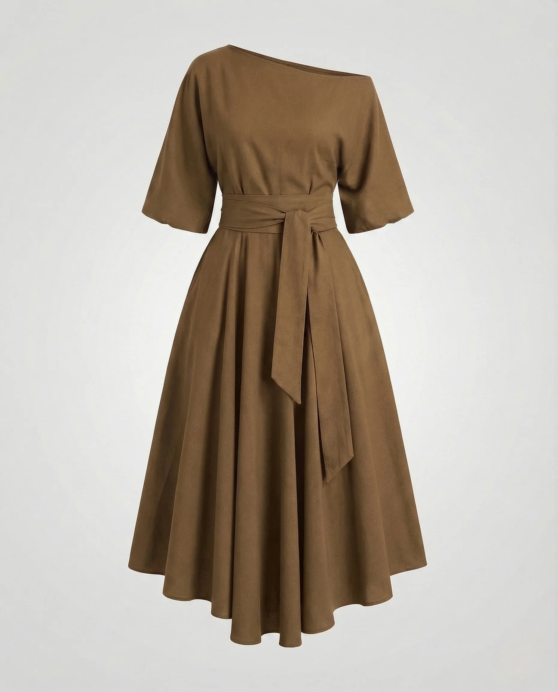 Damen Midikleid Schulterfrei Gürtel - Image 8