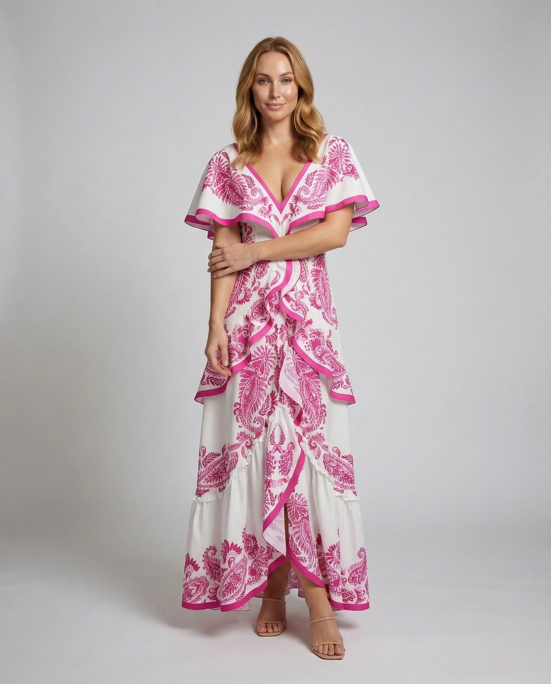 Damen Maxikleid V Ausschnitt Volant