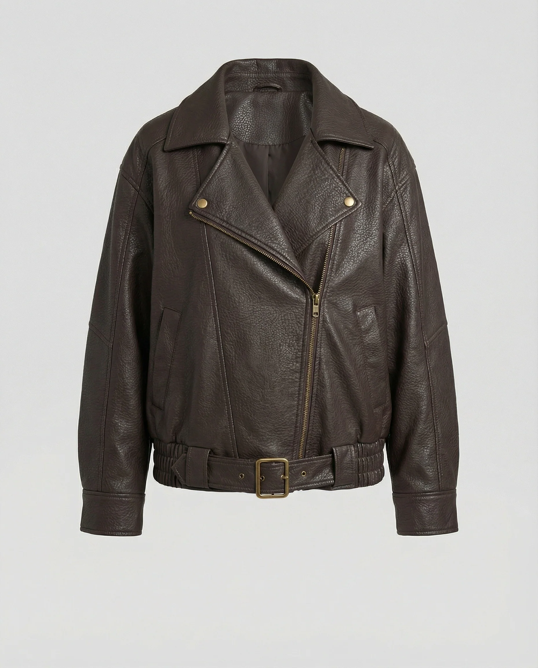 Oversize-Bikerjacke aus strukturiertem Kunstleder mit asymmetrischem Reißverschluss und Taillengürtel Heidi-Mode - Image 3