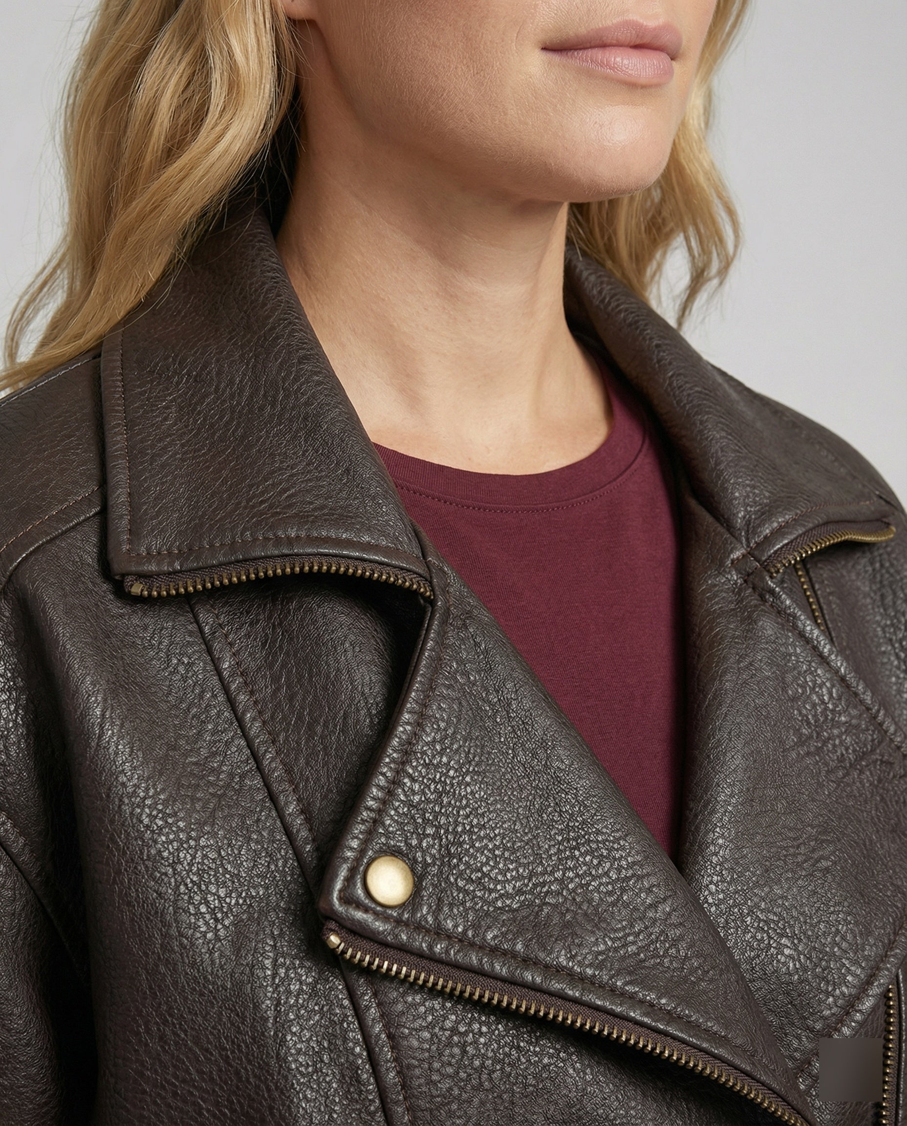 Oversize-Bikerjacke aus strukturiertem Kunstleder mit asymmetrischem Reißverschluss und Taillengürtel Heidi-Mode - Image 5