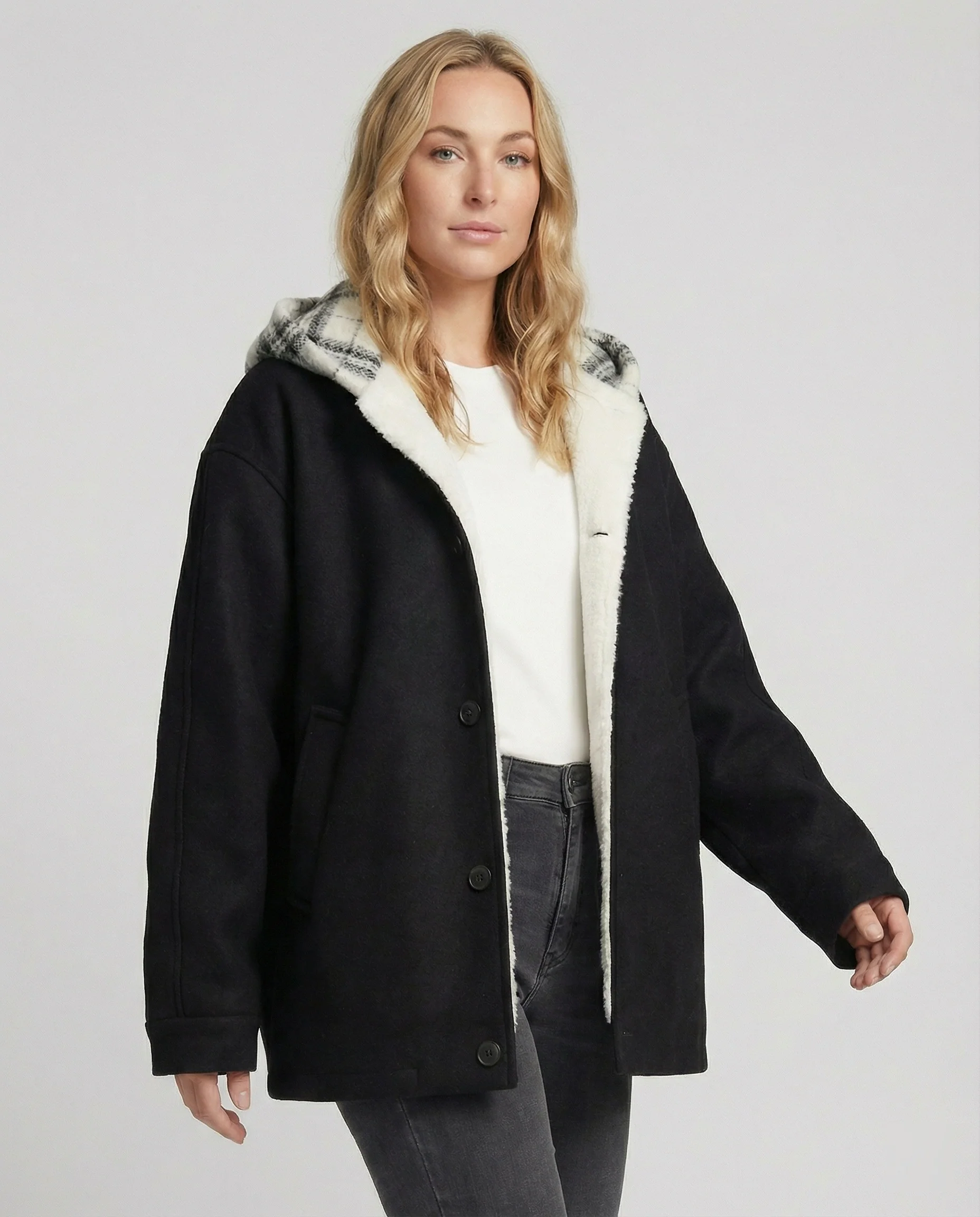 Oversize-Kapuzenjacke aus Wollmix mit karierter Kapuzeninnenverkleidung und verdeckter Druckknopfleiste Heidi-Mode
