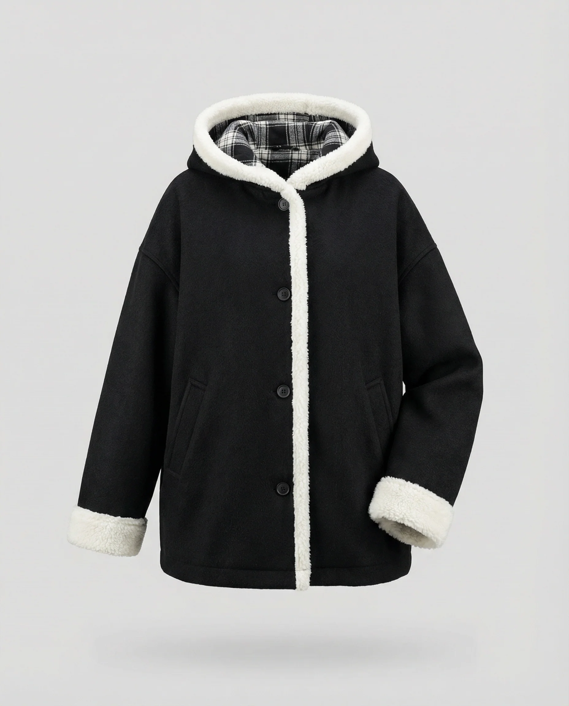 Oversize-Kapuzenjacke aus Wollmix mit karierter Kapuzeninnenverkleidung und verdeckter Druckknopfleiste Heidi-Mode - Image 2
