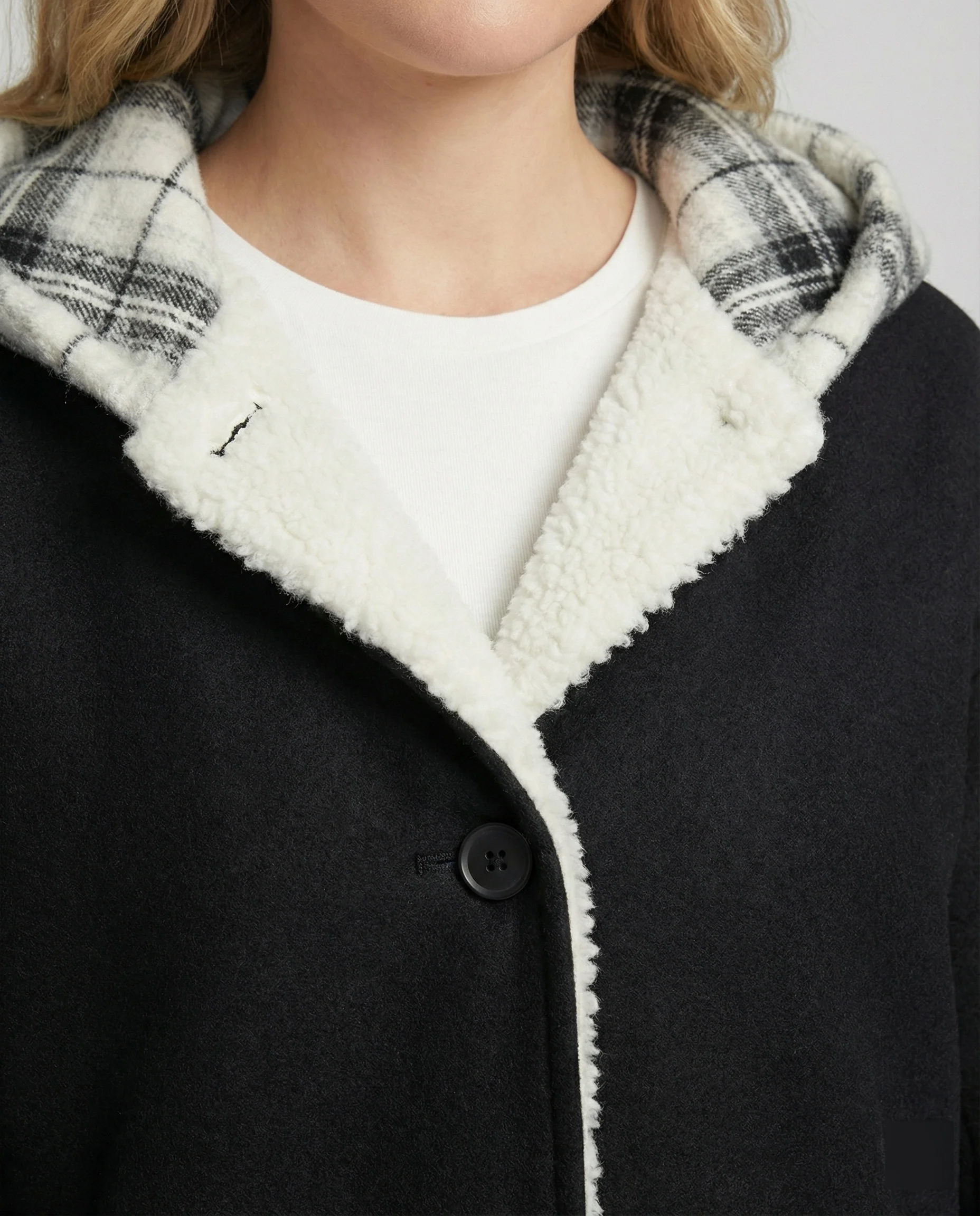 Oversize-Kapuzenjacke aus Wollmix mit karierter Kapuzeninnenverkleidung und verdeckter Druckknopfleiste Heidi-Mode - Image 4