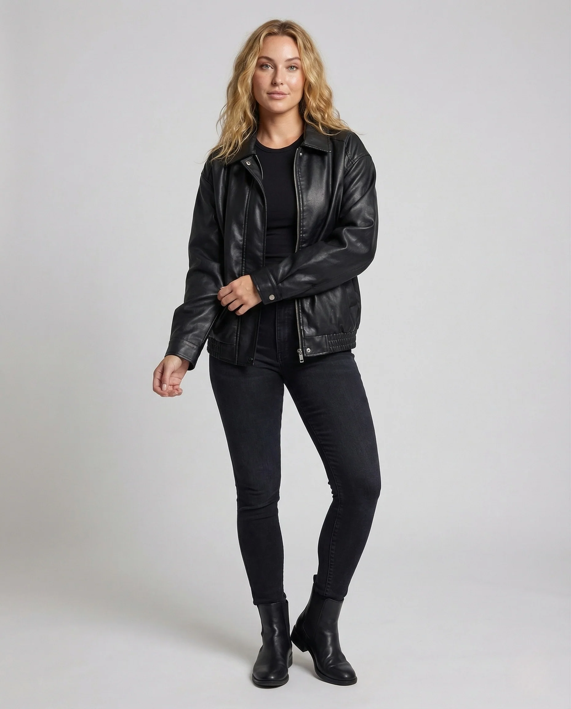Damen Oversize Kunstleder Blousonjacke mit Hemdkragen und Reißverschluss