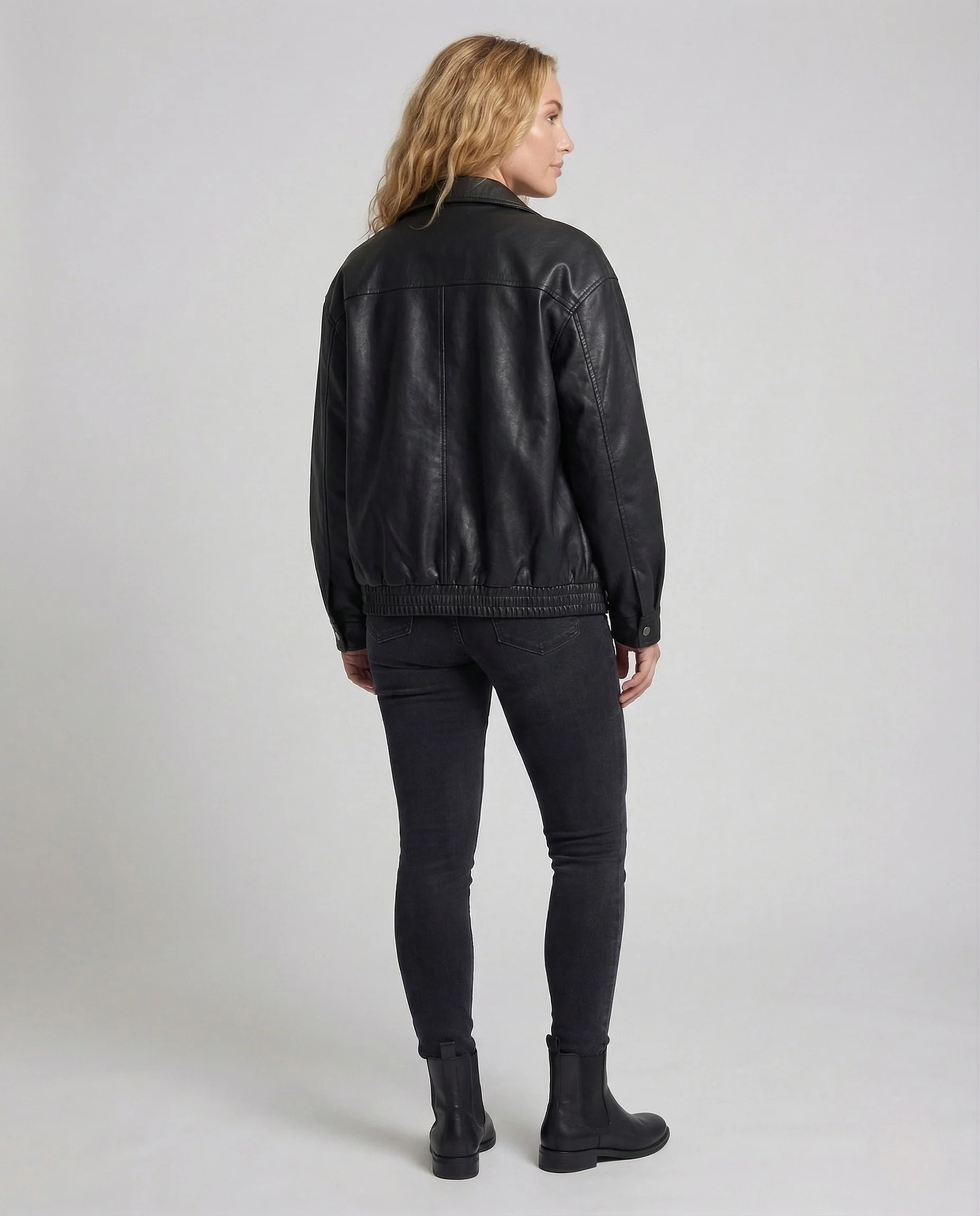 Damen Oversize Kunstleder Blousonjacke mit Hemdkragen und Reißverschluss - Image 4