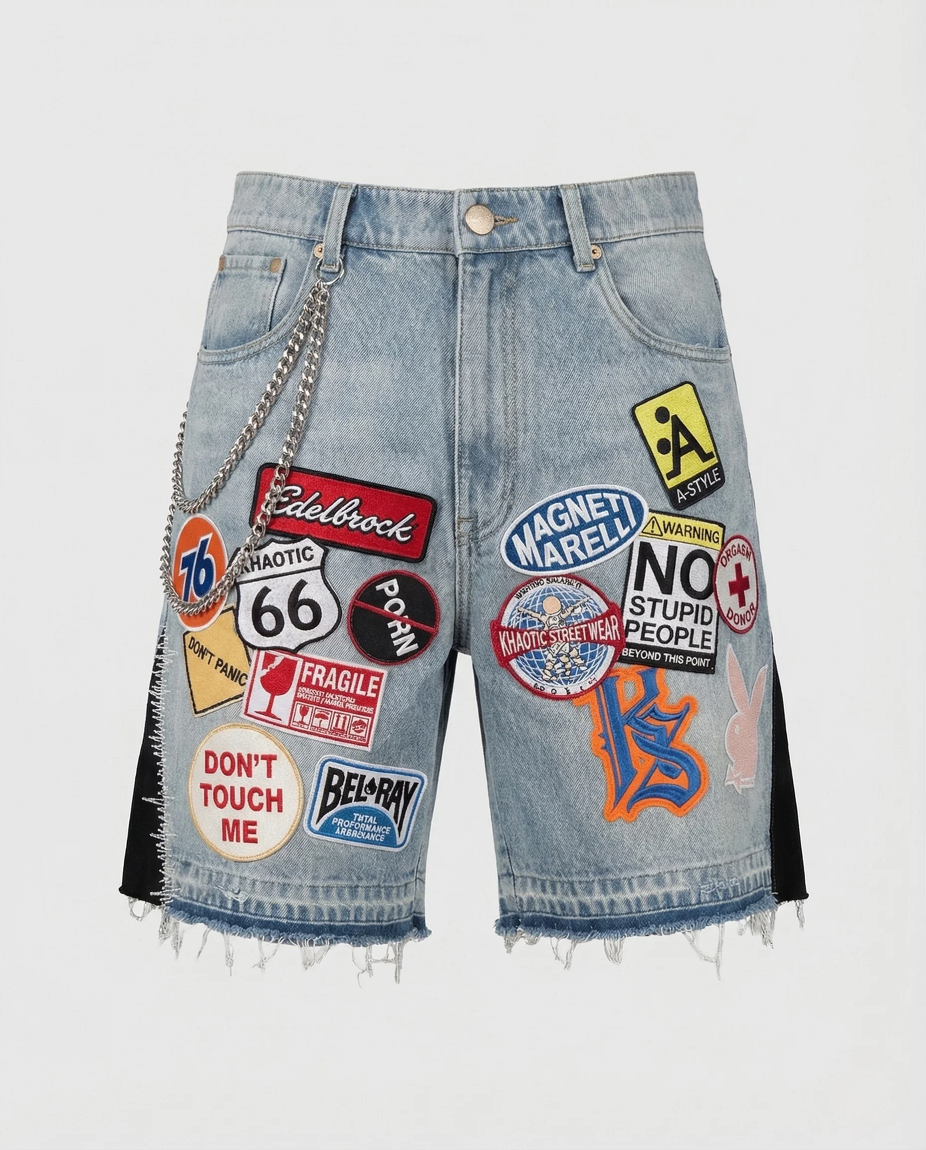 Damen Patchwork Jeans Shorts mit Fransen & Metallkette - Image 5