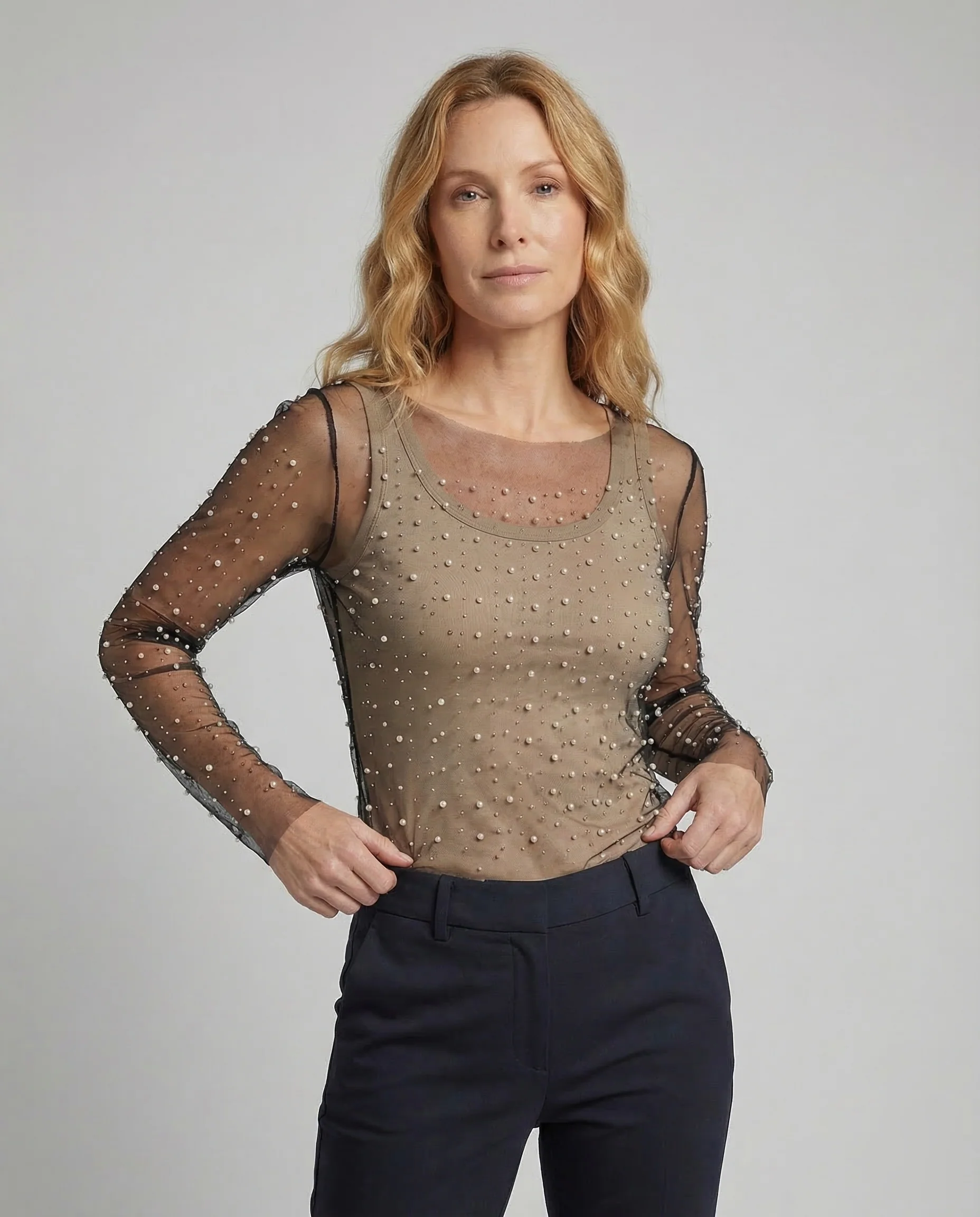 Damen Mesh Top Perlen - Image 2