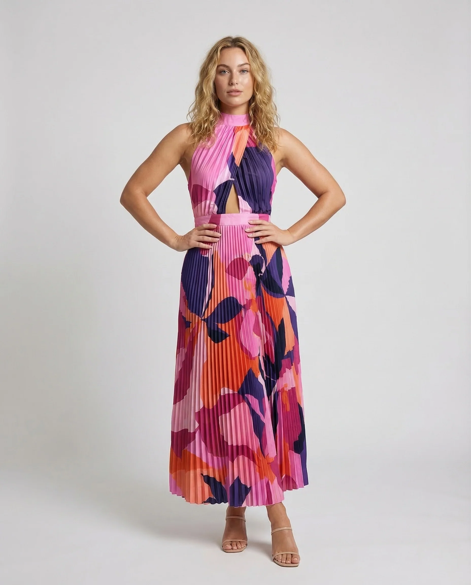 Damen Plissee Maxikleid Hochgeschlossen