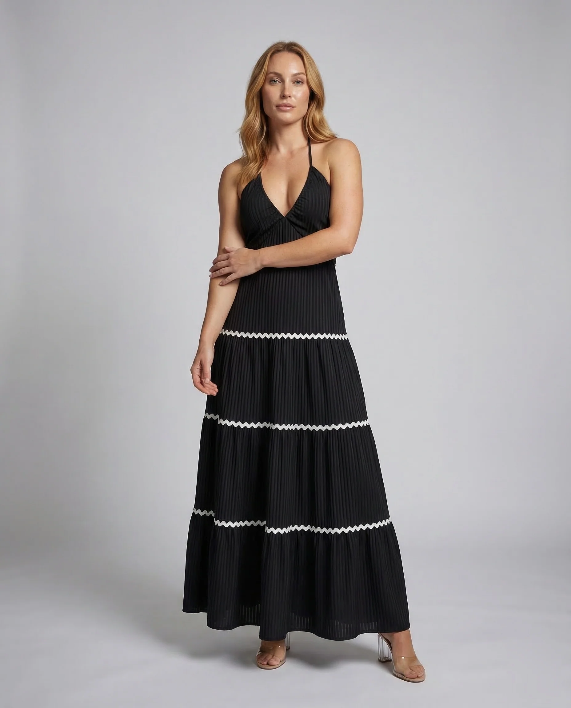 Damen Maxikleid Plissee Neckholder