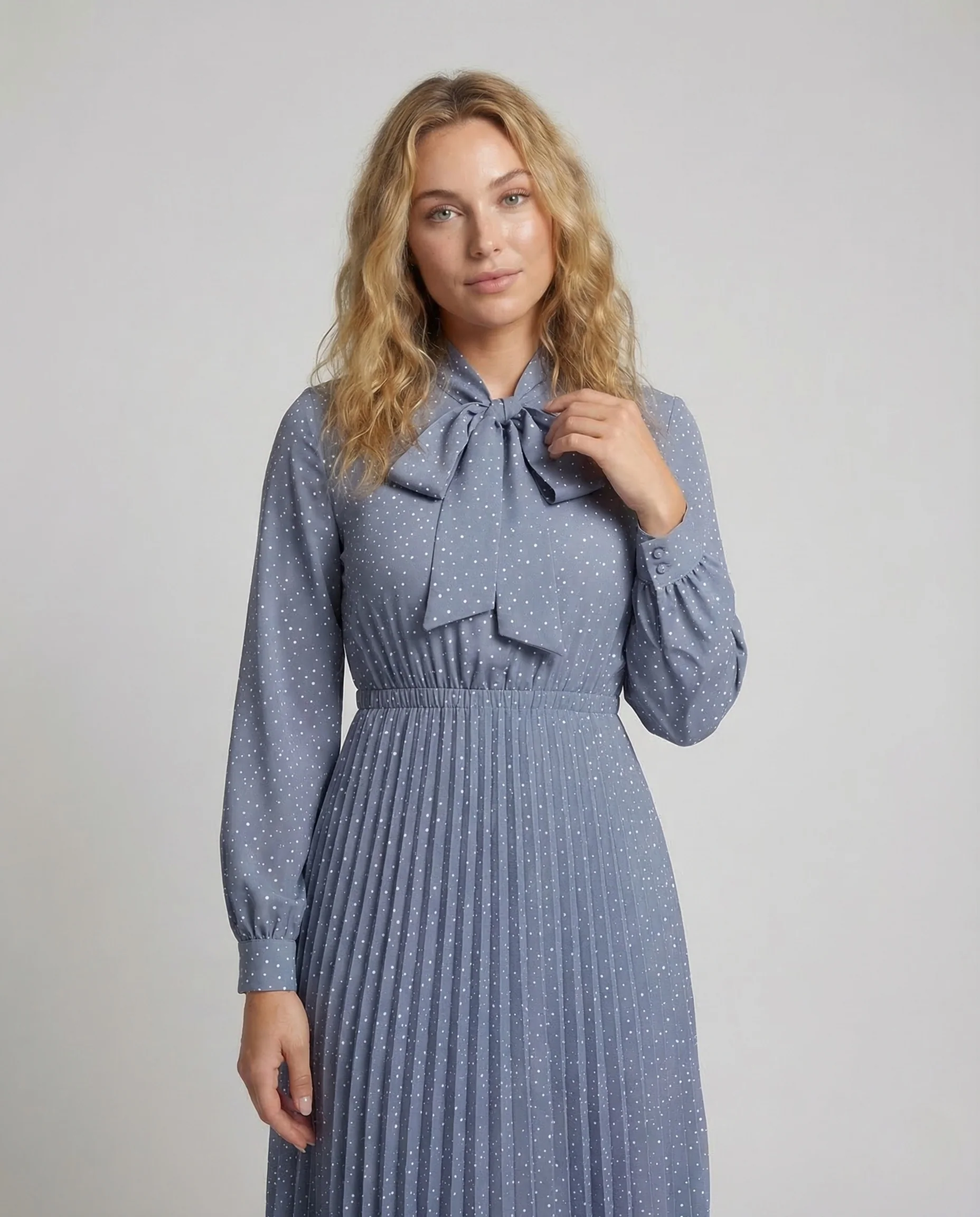 Damen Plissee Maxikleid Schleifenkragen Gürtel - Image 2