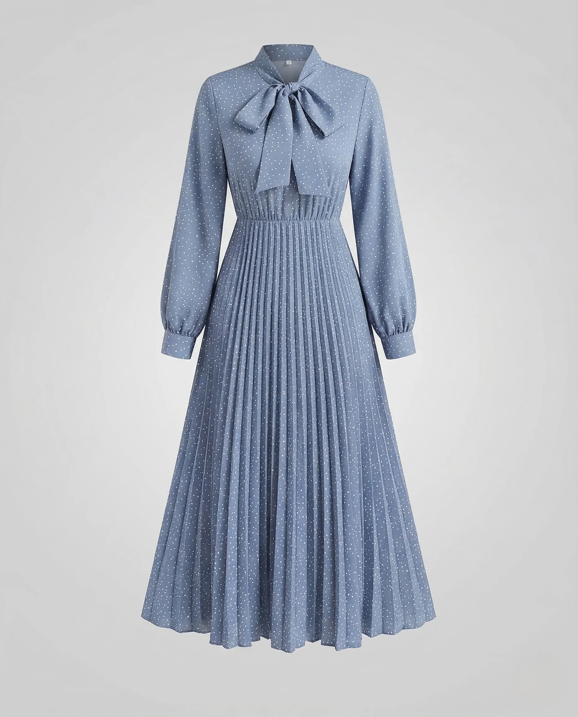 Damen Plissee Maxikleid Schleifenkragen Gürtel - Image 5
