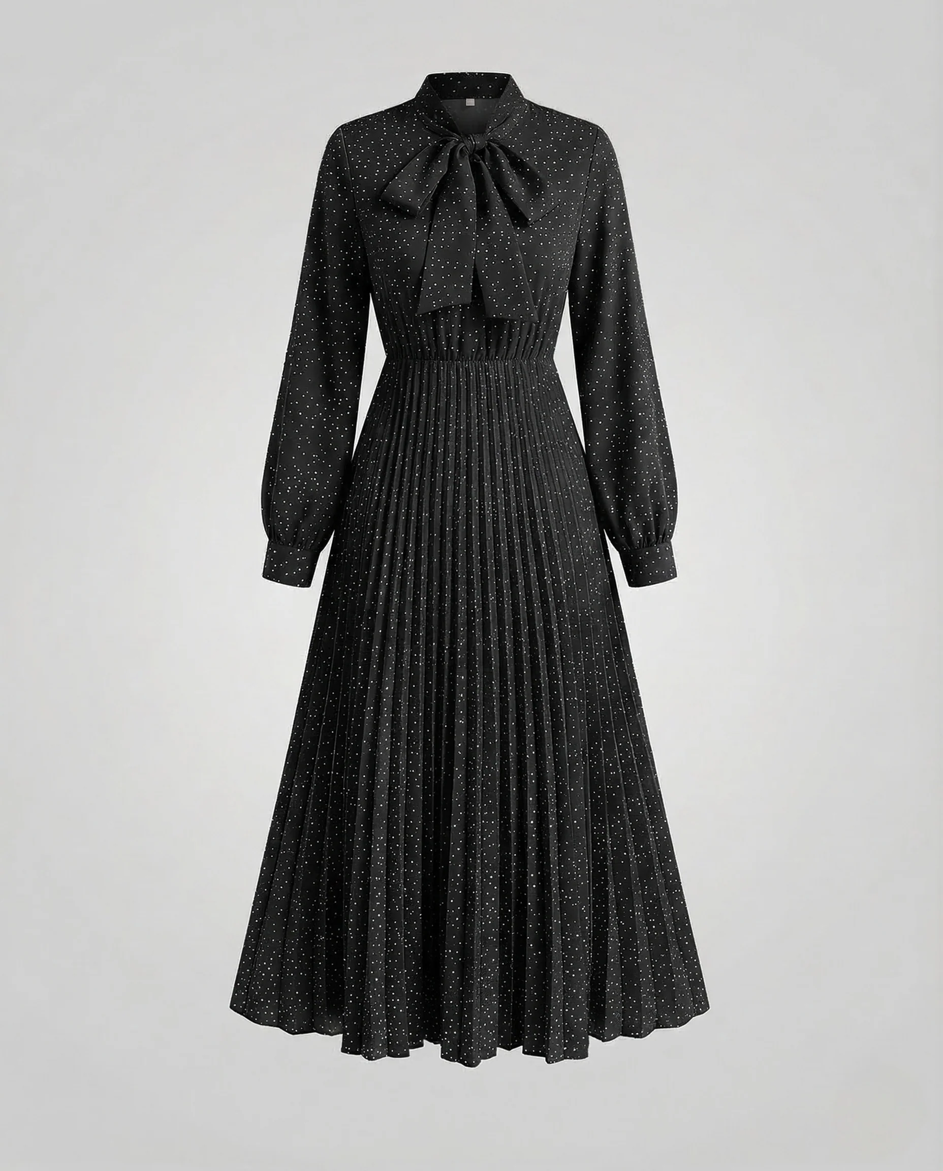 Damen Plissee Maxikleid Schleifenkragen Gürtel - Image 7