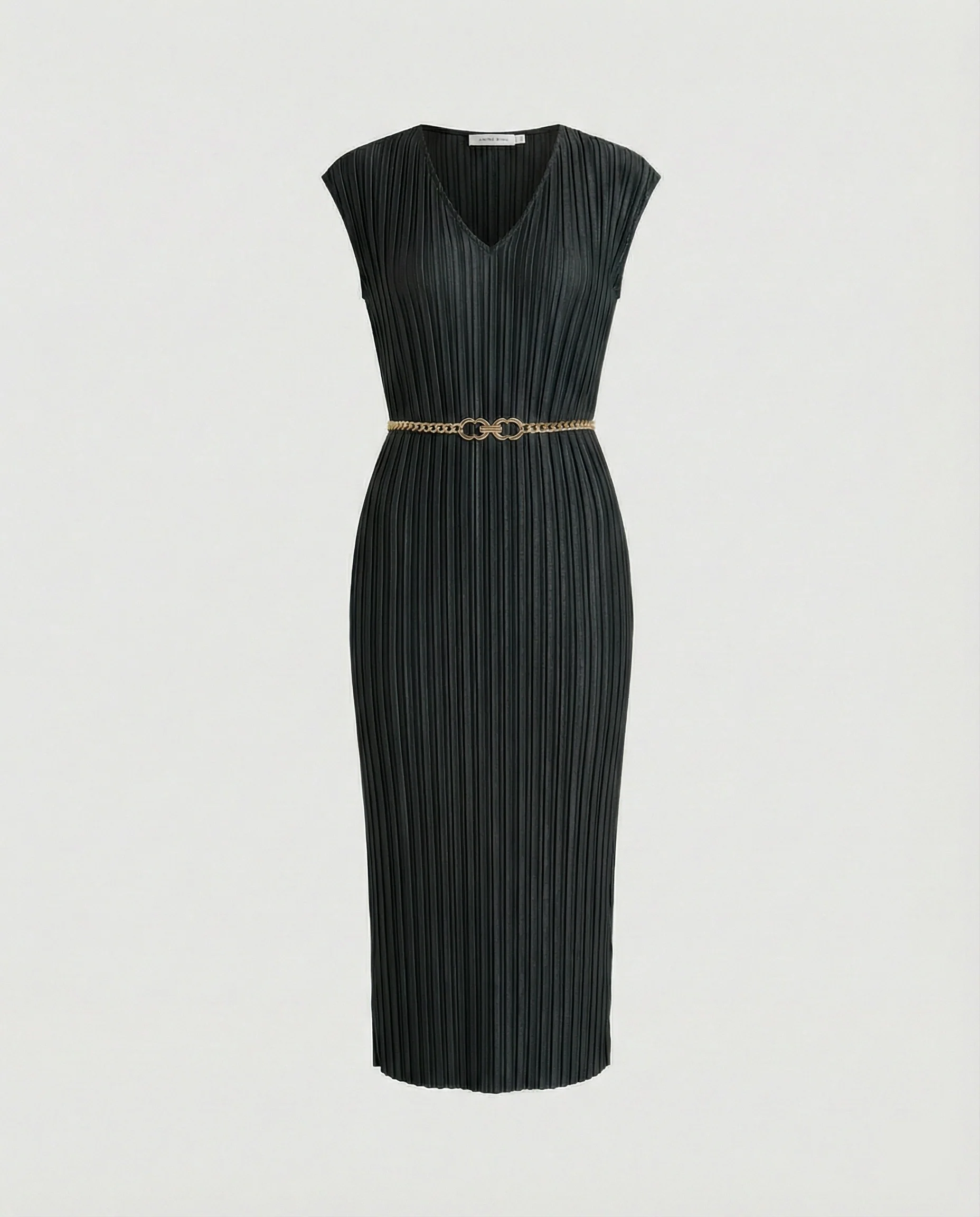 Damen plissiertes Midikleid mit V-Ausschnitt, Cap-Ärmeln und schmalem Taillengürtel Heidi Mode - Image 7
