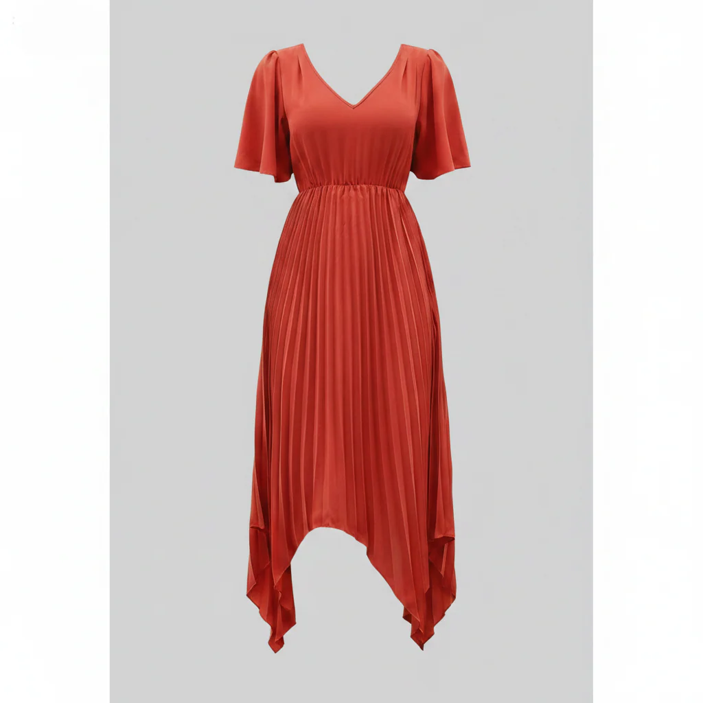 Damen Midikleid Plissee mit V Ausschnitt - Image 4