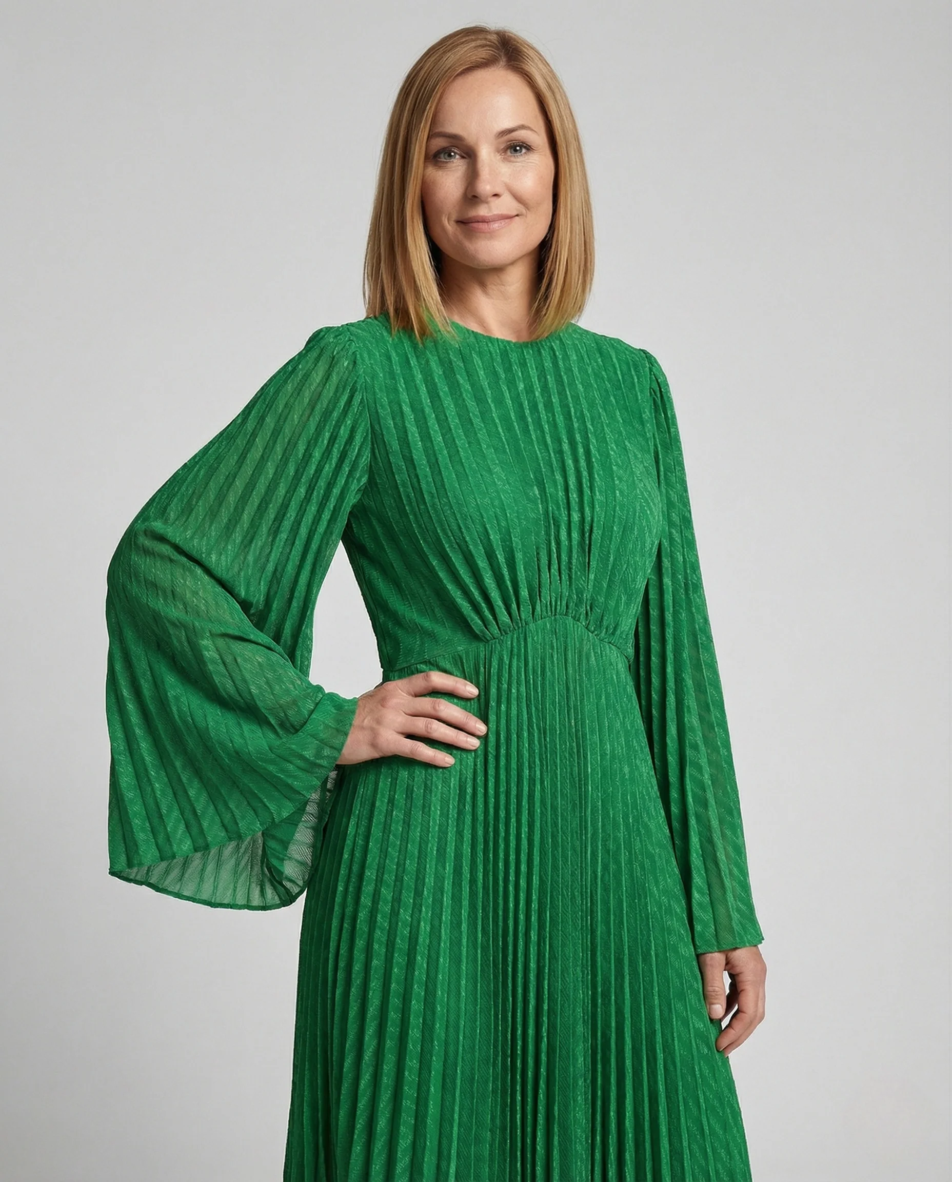 Plissiertes Midikleid Mit Glockenärmeln Damen - Image 2