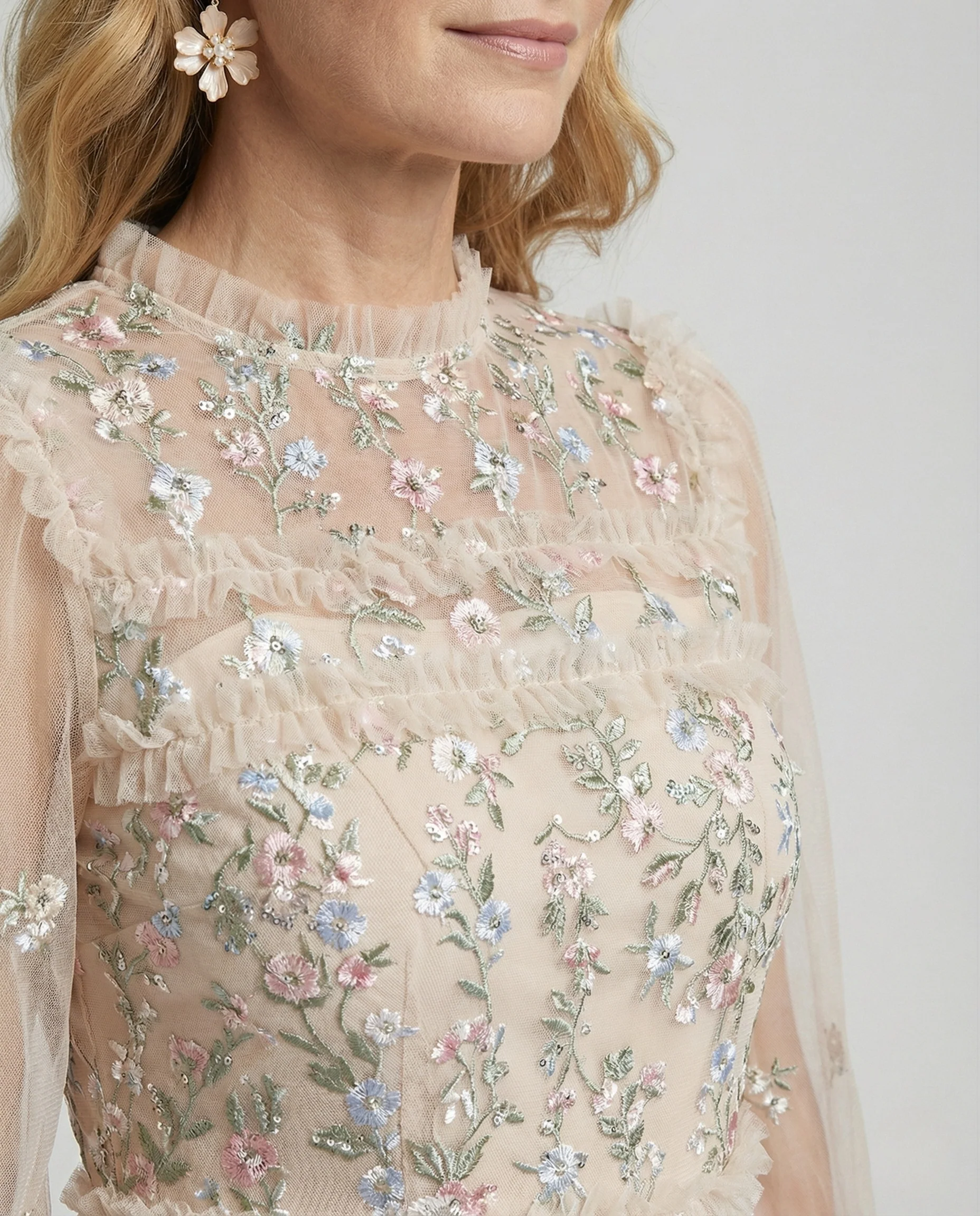 Damen Besticktes Tüll-Maxikleid mit Volants - Image 3