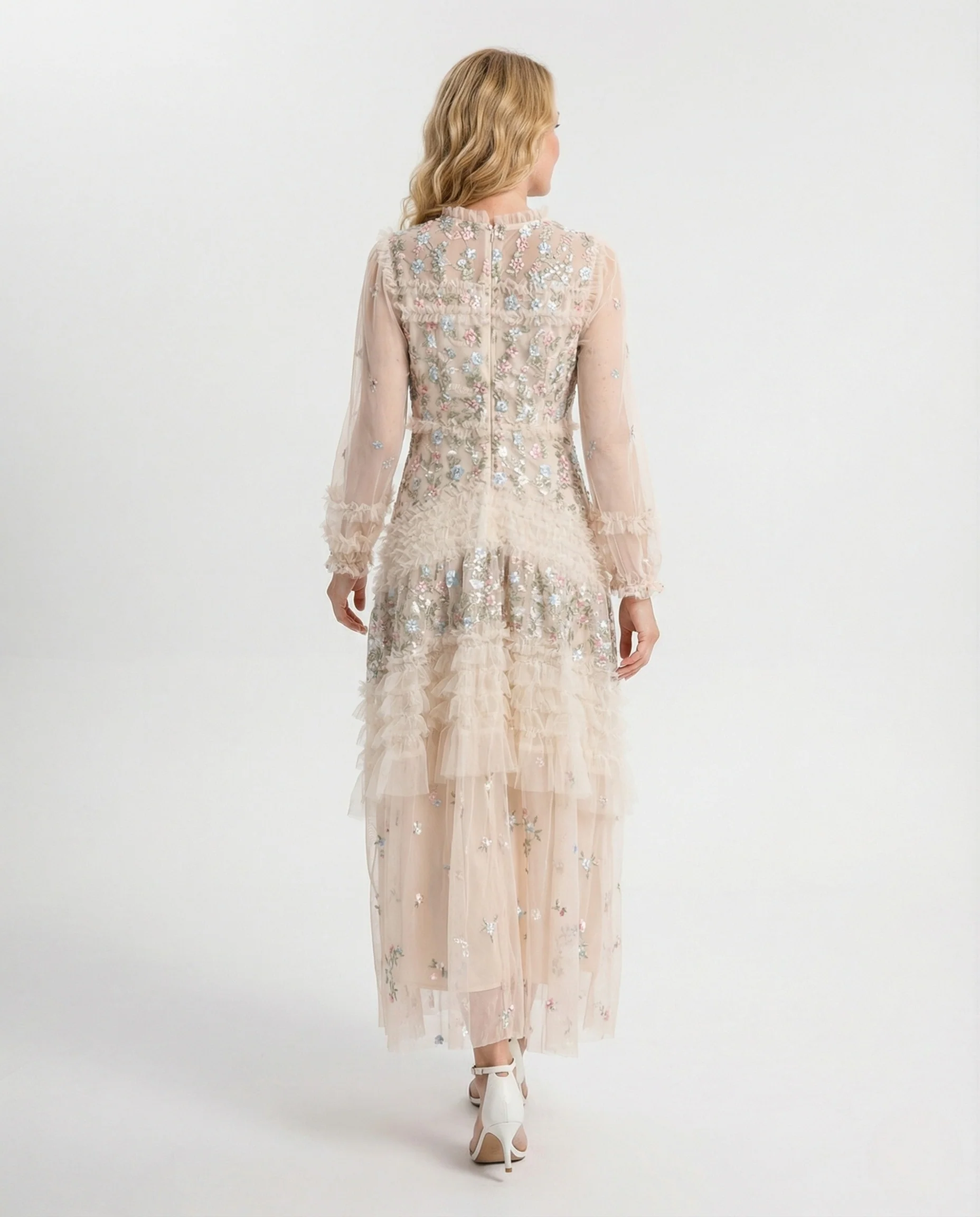 Damen Besticktes Tüll-Maxikleid mit Volants - Image 4