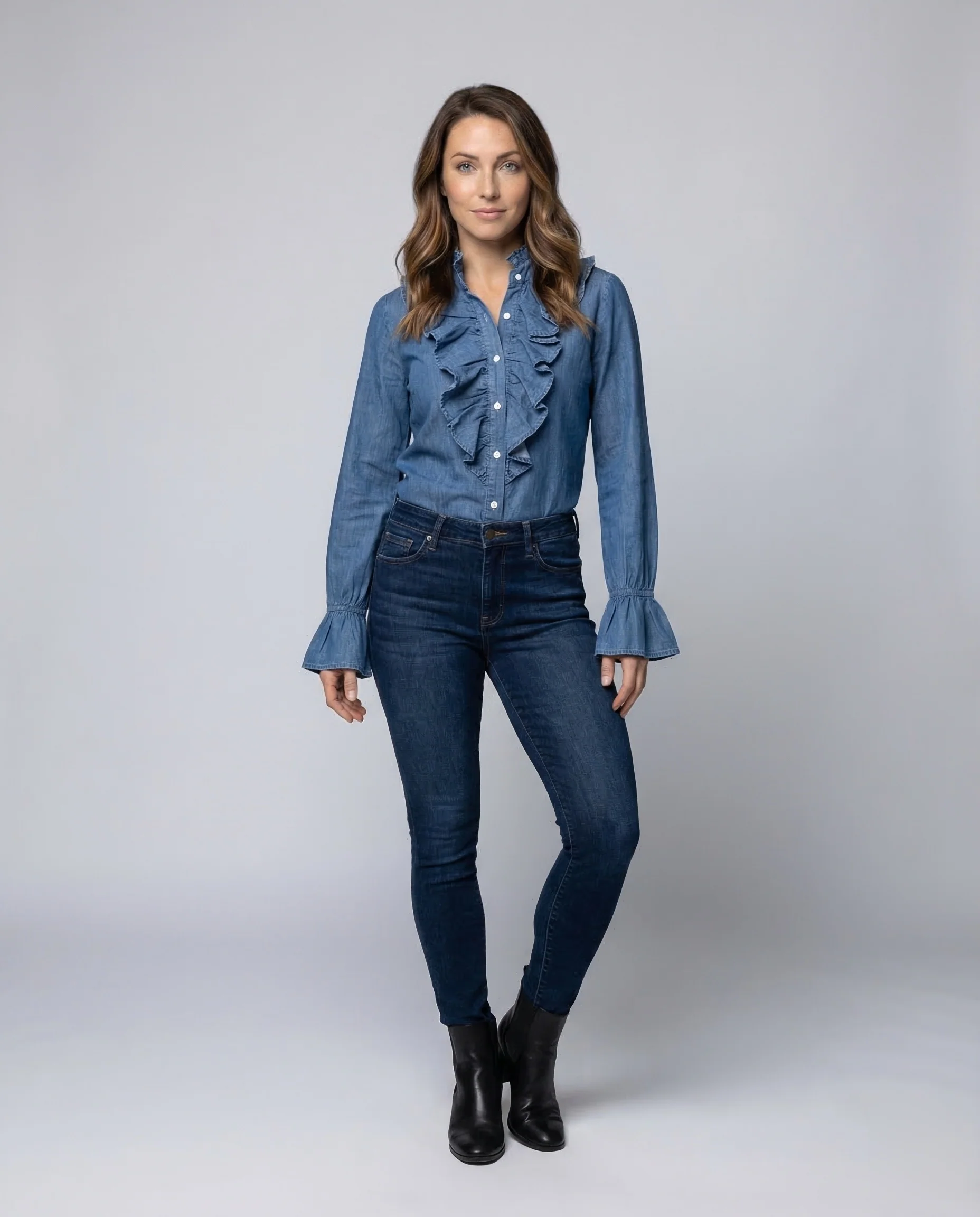 Damen Rüschenbluse Denim Look