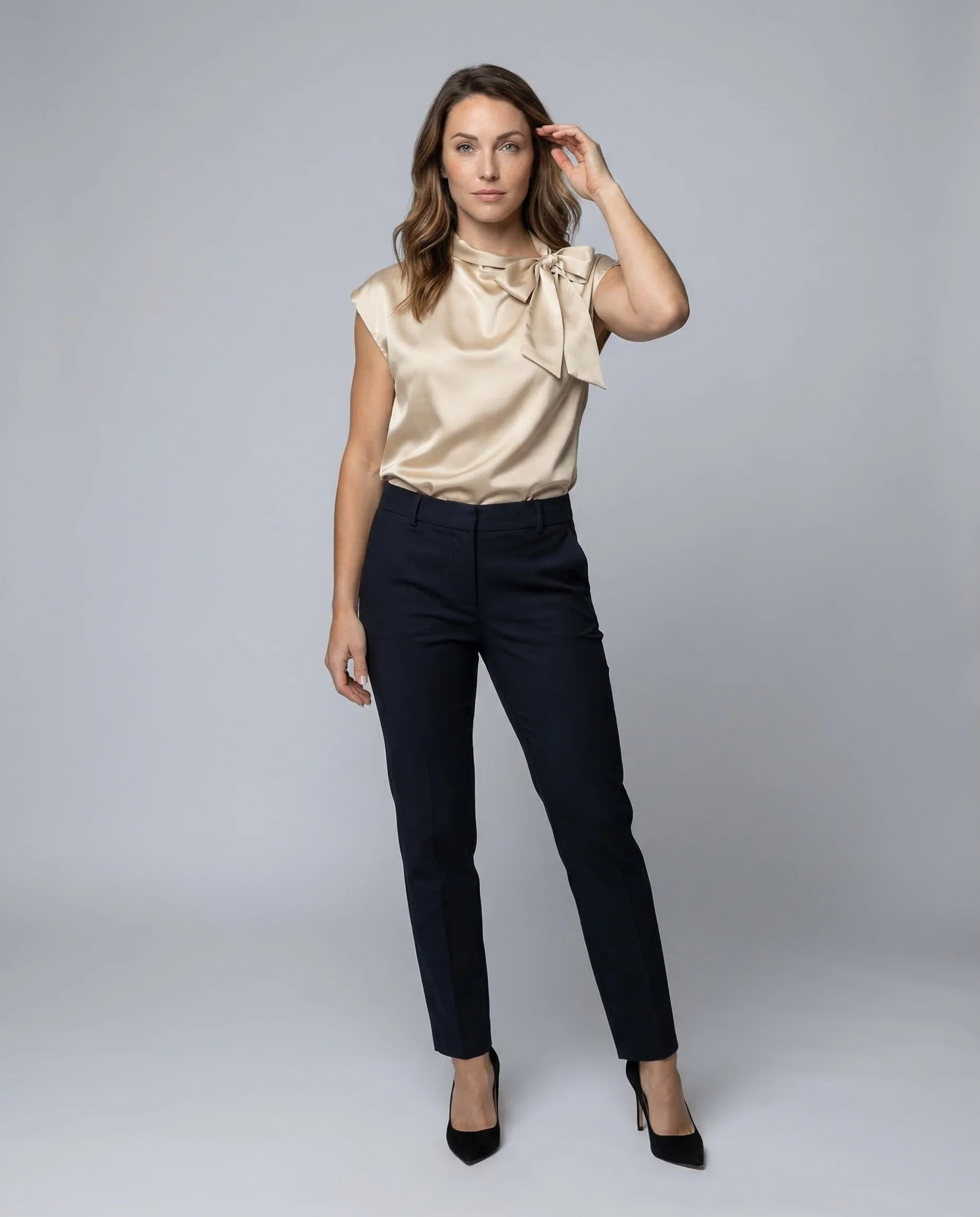 Damen Satin Top Schleifenkragen