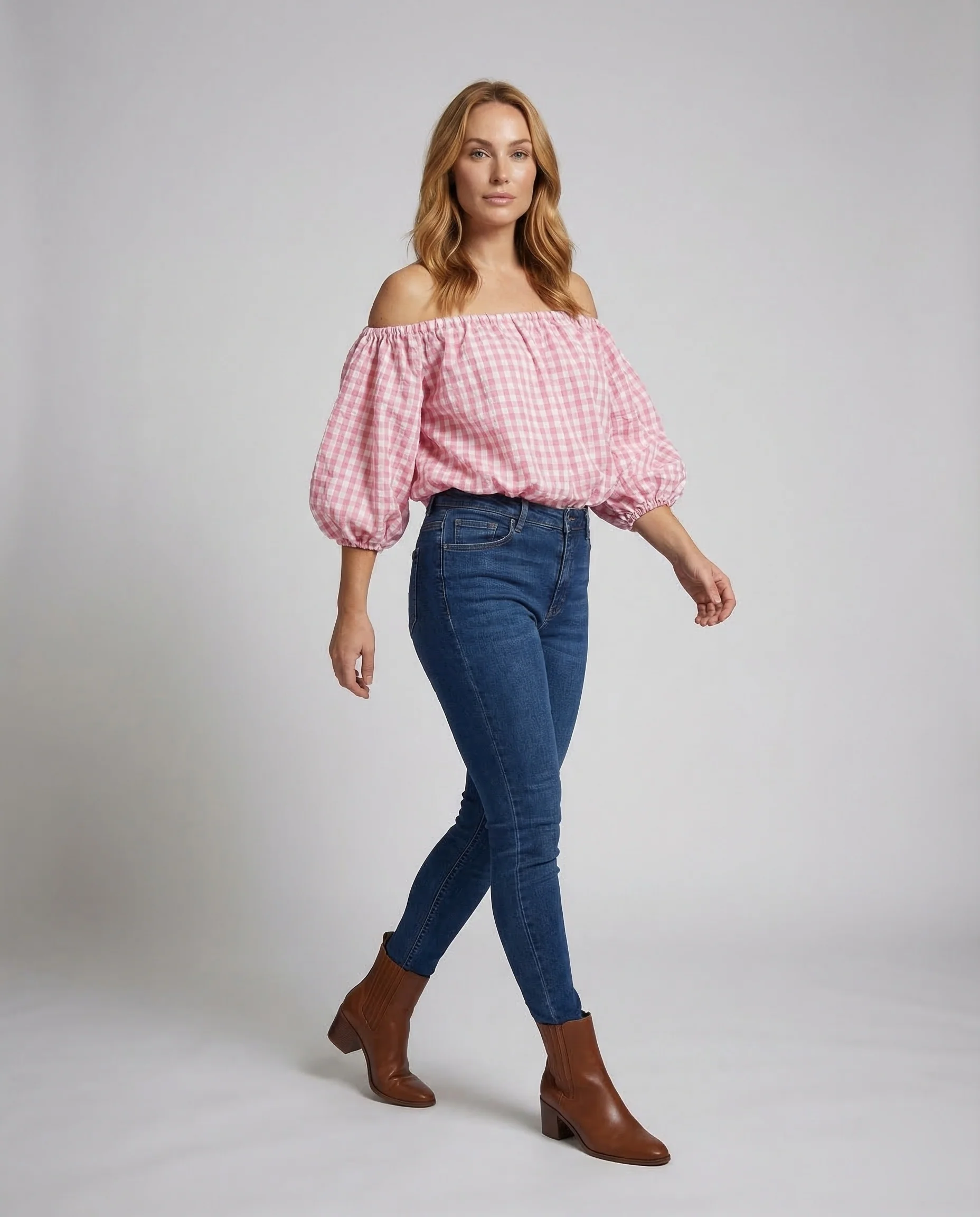 Damen Off Shoulder Bluse Karo