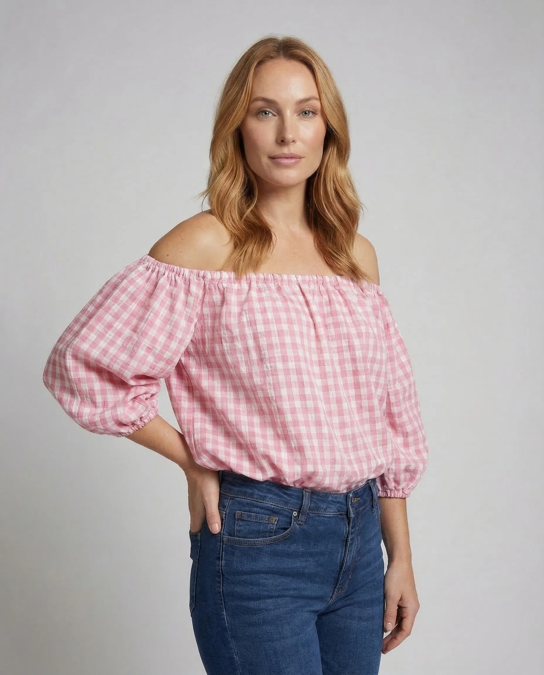 Damen Off Shoulder Bluse Karo - Image 2