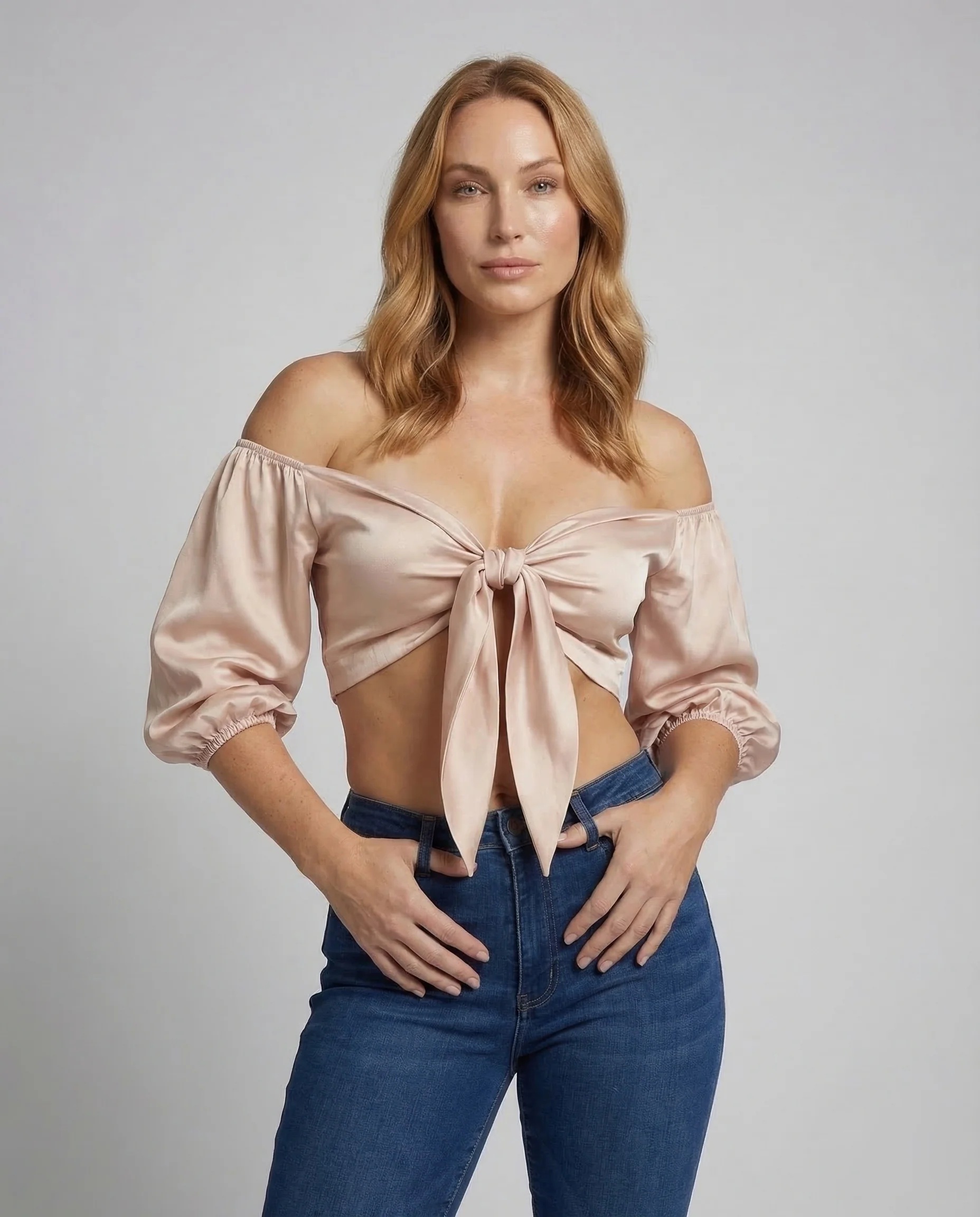 Damen Satin Crop Top Off Shoulder - Image 2