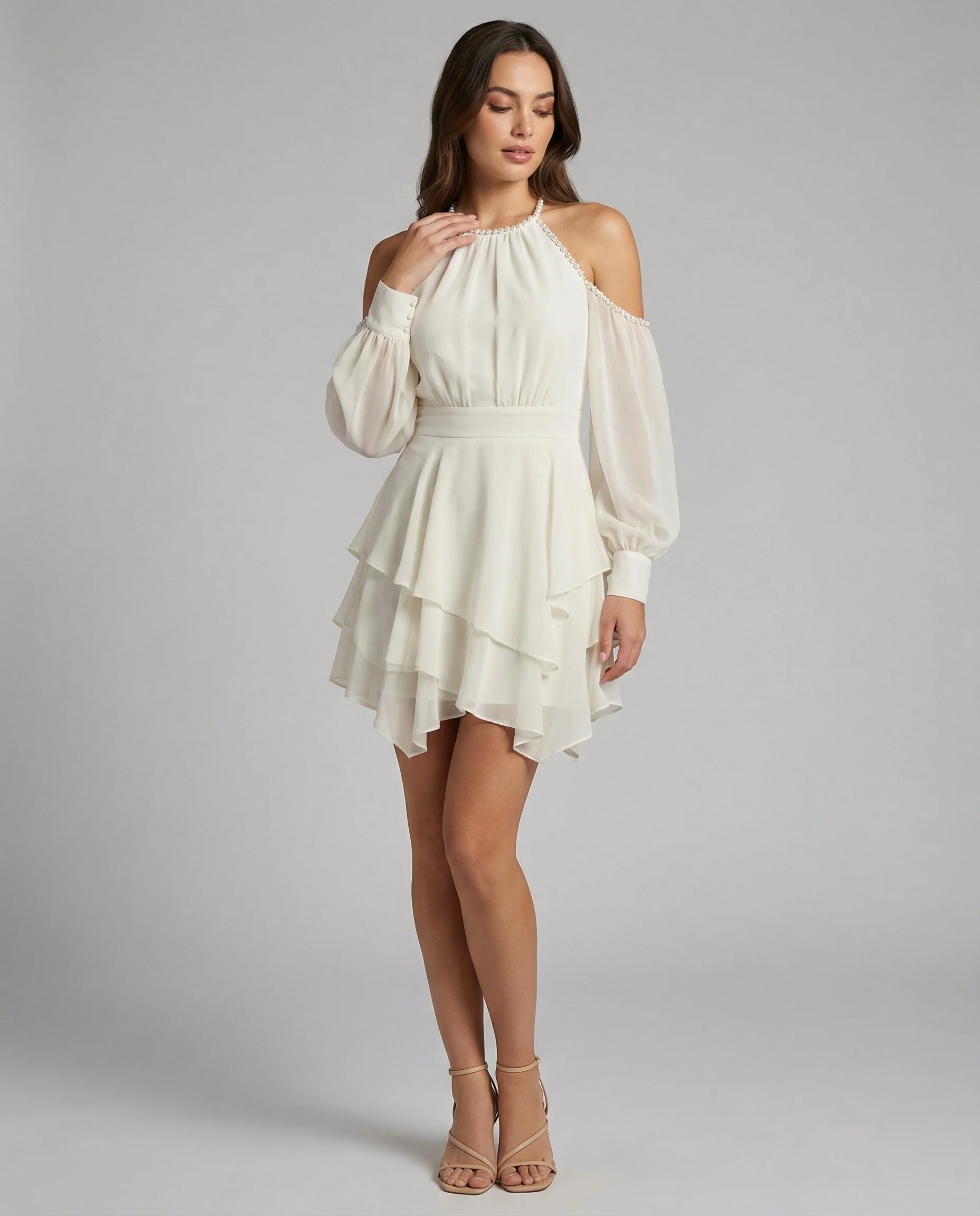Schulterfreies Chiffon-Minikleid mit Halterhalsausschnitt, Ballonärmeln und gestuftem Volantrock Heidi Mode